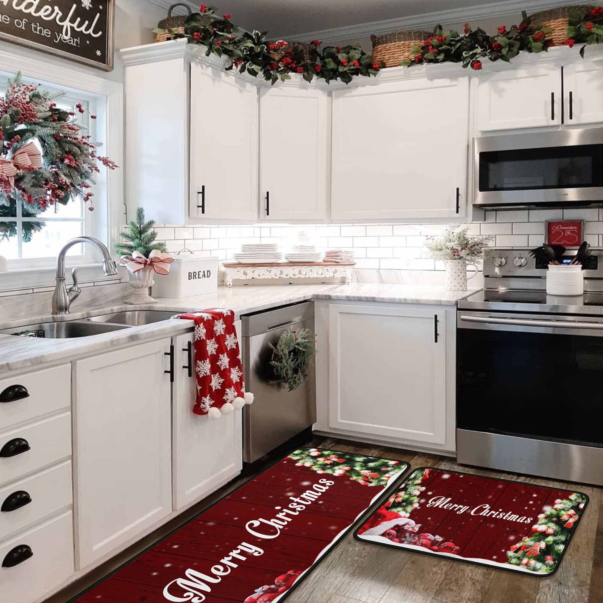 Non-Slip Christmas Kitchen Rugs Set of 2 - Washable Holiday Floor Mats with Anti-Skid Backing, Festive Xmas Decor Doormat Runner for Home Kitchen - Perfect for Holiday Cooking, Dining & Seasonal Home Decor