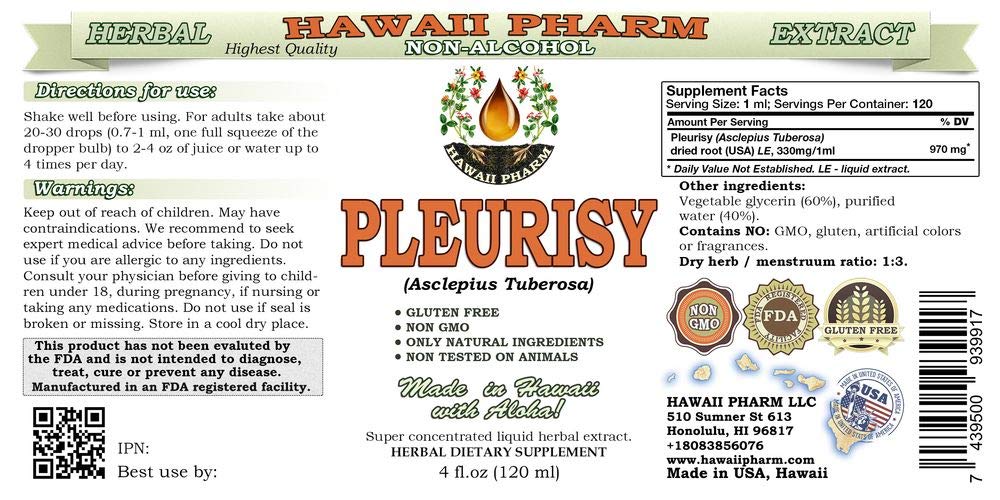 Alcohol-Free Pleurisy Root Liquid Extract (Asclepius Tuberosa) | Natural Herbal Supplement | Dried Root Glycerite | Hawaii Pharm USA | 15x4 fl.oz | Supports Respiratory Health & Immune System