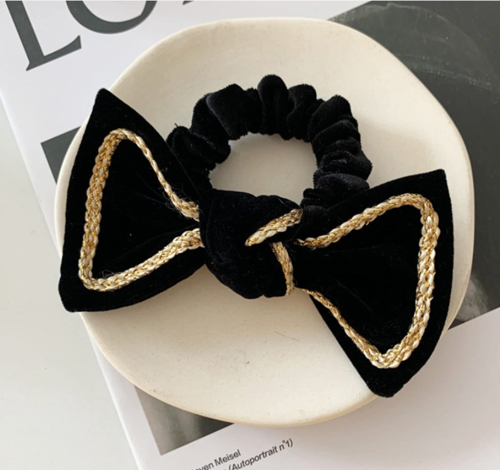 Satin Hair Scrunchies 2Pcs - Black Velvet Hair Ties with Gold Bow for Women & Girls | Soft Hair Accessories for Daily Use, Workout, and Party Hairstyles