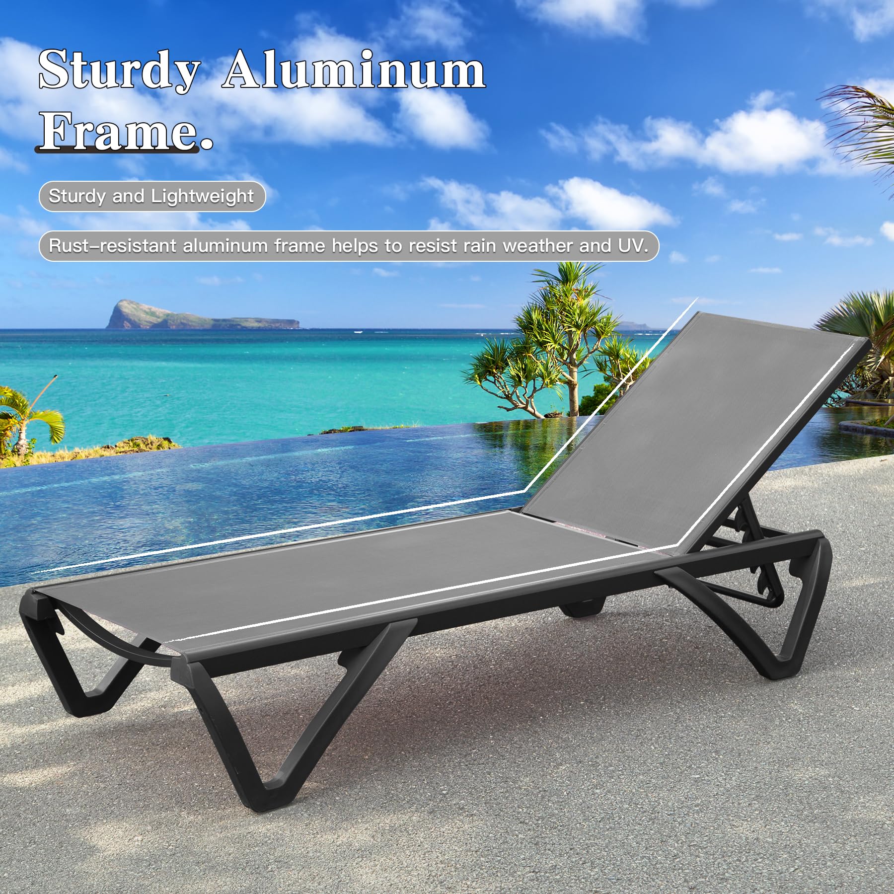 Domi 3-Piece Adjustable Aluminum Pool Lounge Chairs with Wheels & Table - Outdoor Chaise for Deck, Patio, Backyard - All-Weather Textilene Gray