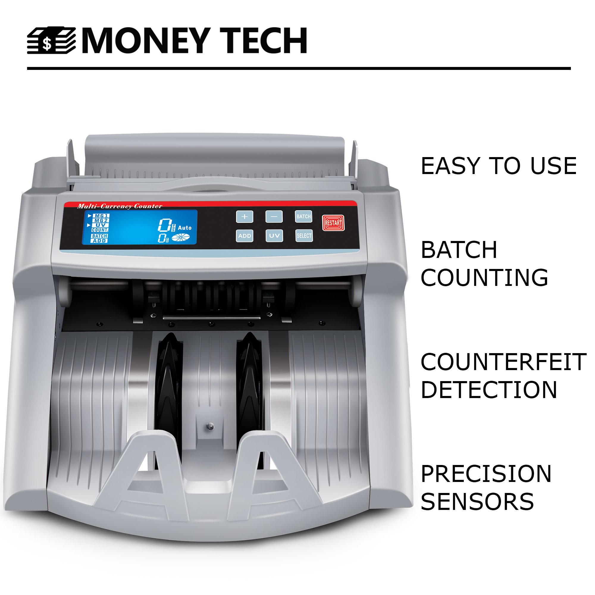 Money Tech Polymer & Paper Multi-Currency Bill Counter - Compact Cash Counting Machine for USD & CAD with Counterfeit Detection & LCD Display | Perfect for Banks, Retail Stores & Small Businesses
