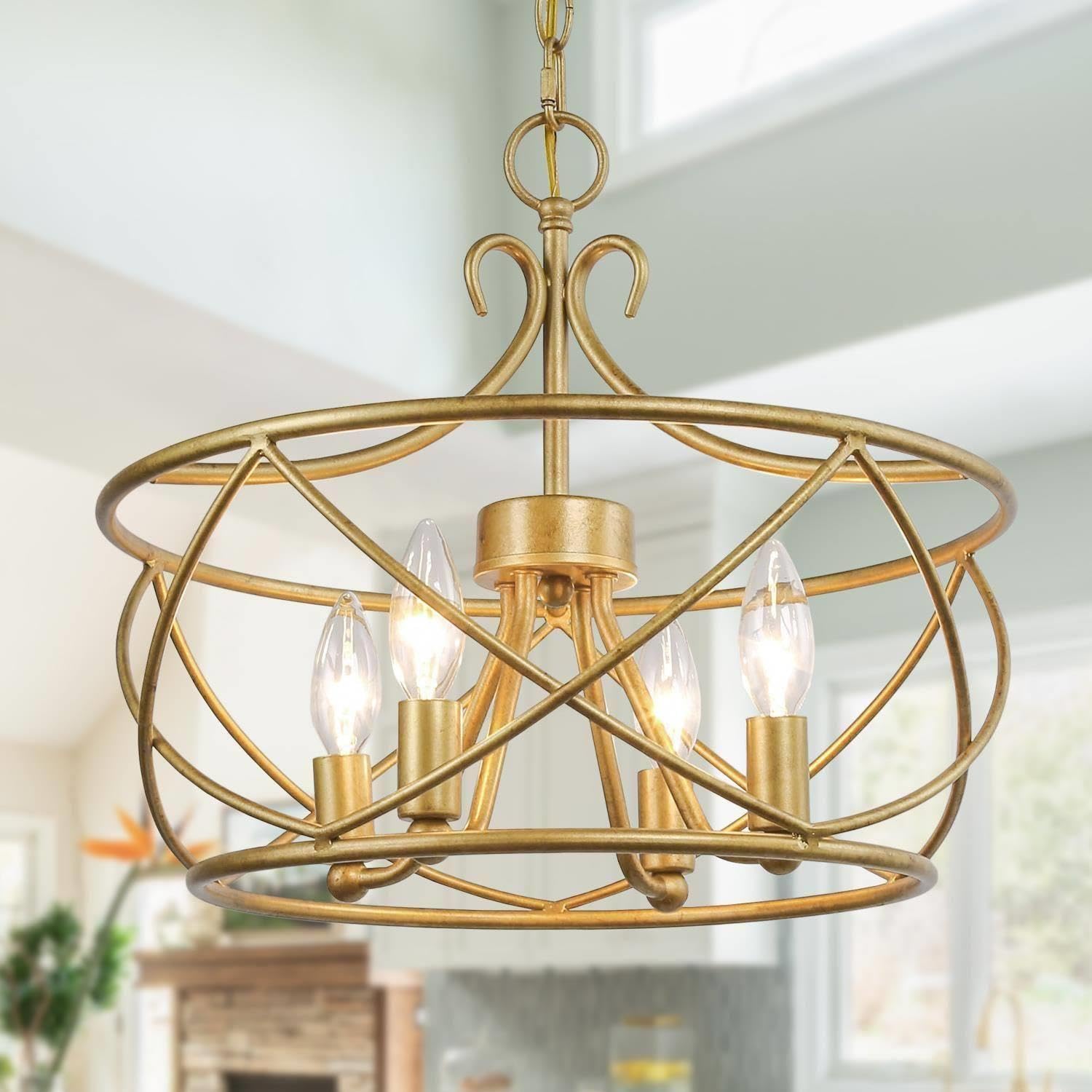 Modern Gold Chandelier - 4-Light Drum Pendant Light Fixture with Antique Gold Finish for Dining Room, Living Room, Bedroom, Foyer & Kitchen | Elegant Lighting for Home Decor & Interior Design