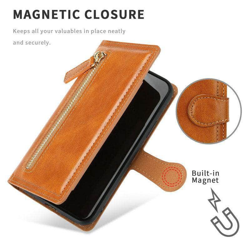 Premium Leather Flip Wallet Case for Samsung Galaxy S21 with Zipper & Card Slots - Perfect for Business & Travel Protection