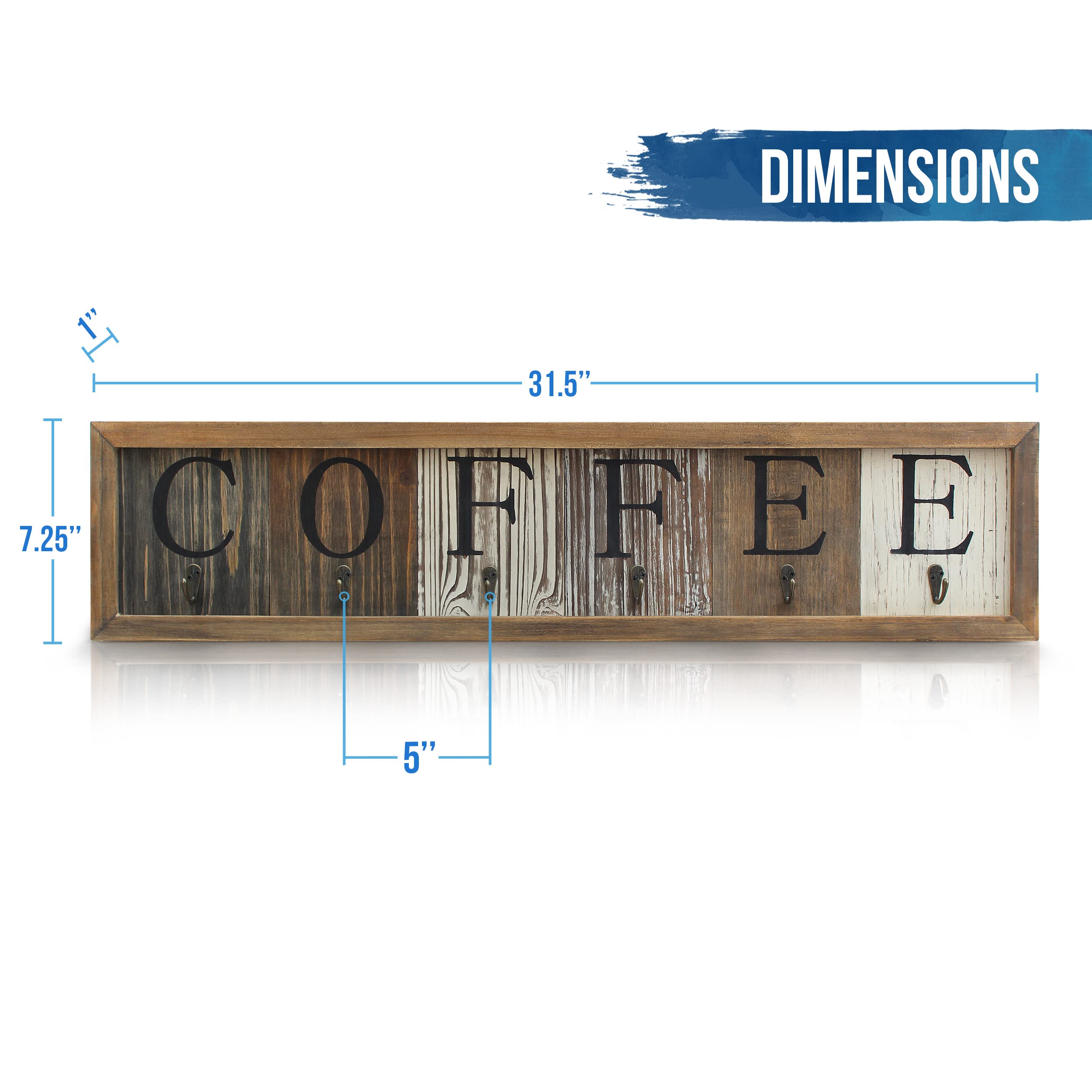 Premium Solid Wood Coffee Mug Holder with 6 Cup Hooks - 31.5
