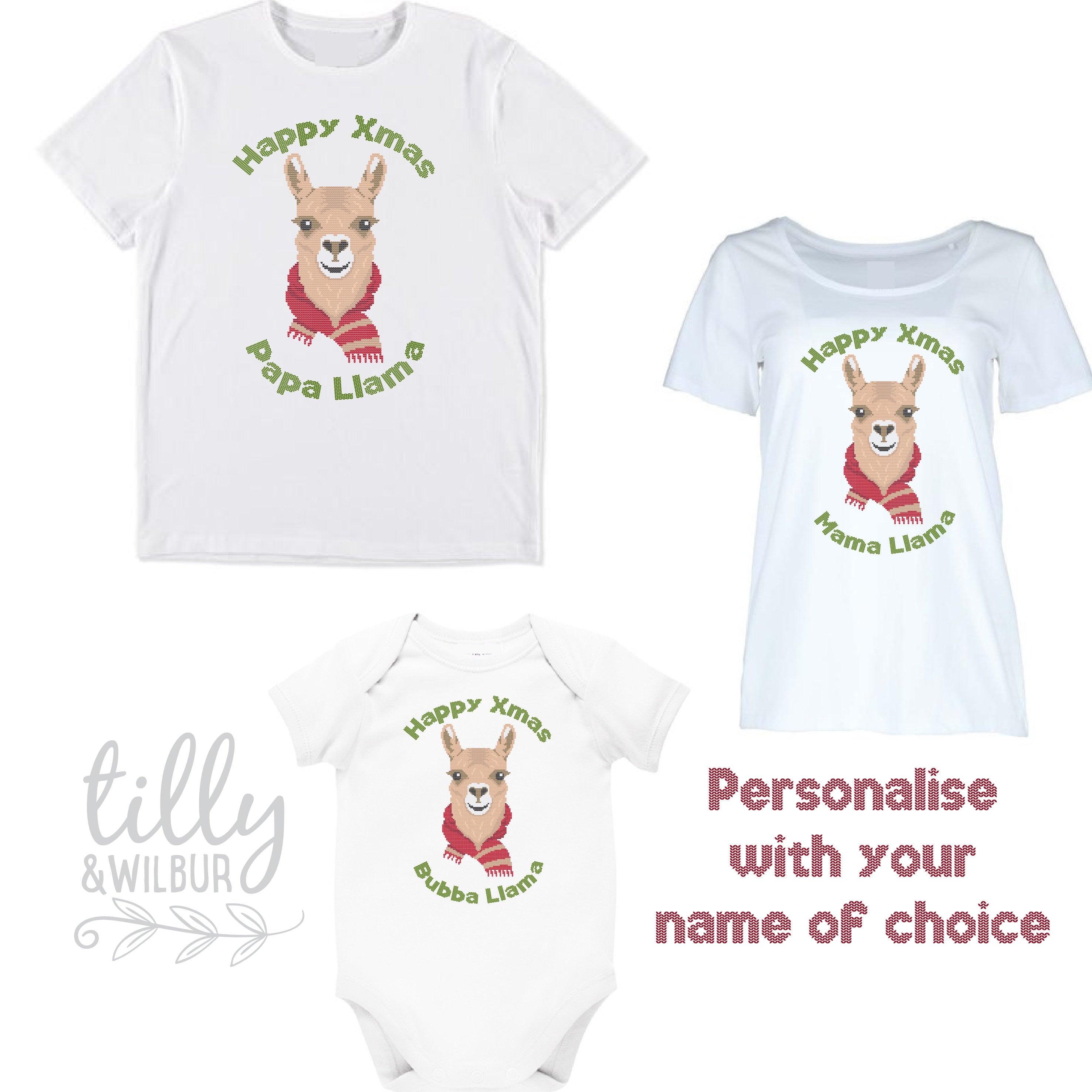 Custom Christmas Llama Family Surname T-Shirts - Personalized Holiday Matching Outfits for Family Photos & Christmas Gatherings