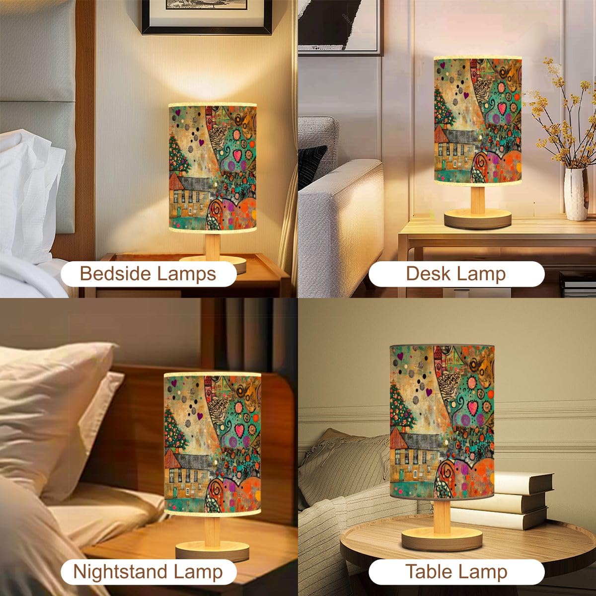 Farmhouse Table Lamp with Geometric Patterns & Linen Shade - Dimmable Bedside Nightstand Lamp for Bedroom, Living Room & Office - Rustic Wood Base Home Decor Gift Idea