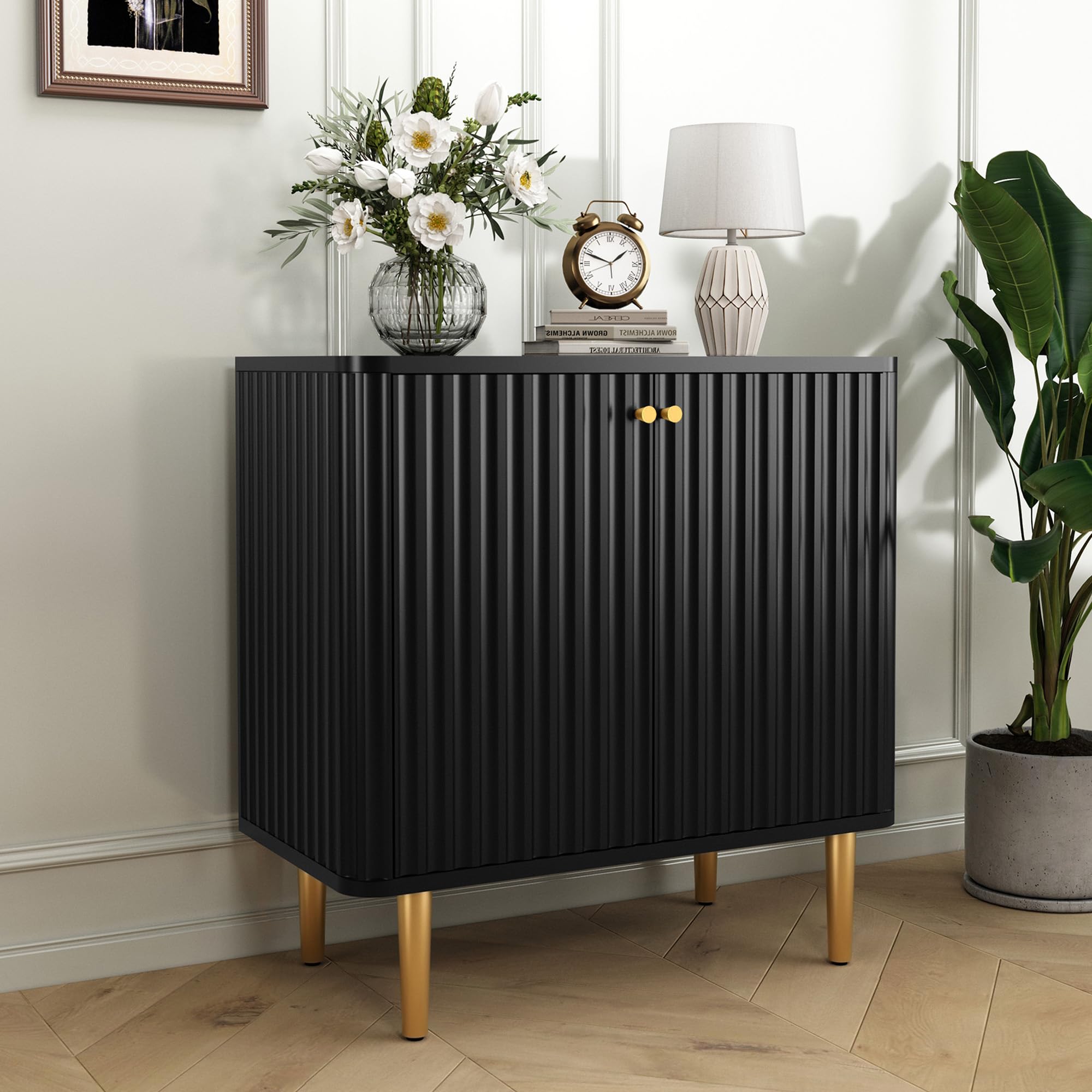 Modern HLR Sideboard Buffet Cabinet with Fluted Texture & Black Accent - 2 Door Storage Credenza for Kitchen, Living Room & Entryway - Perfect for Dining Room Storage, Home Organization & Stylish Decor