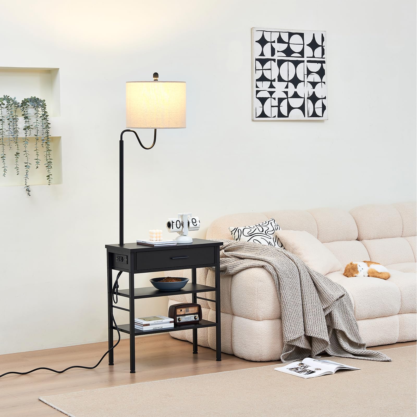 Topotdor Rustic Wooden Floor Lamp with Side Table - USB Port & Outlets, Adjustable Shelves for Bedroom, Living Room & Home Office - Black - Perfect for Reading, Working & Nightstand Lighting