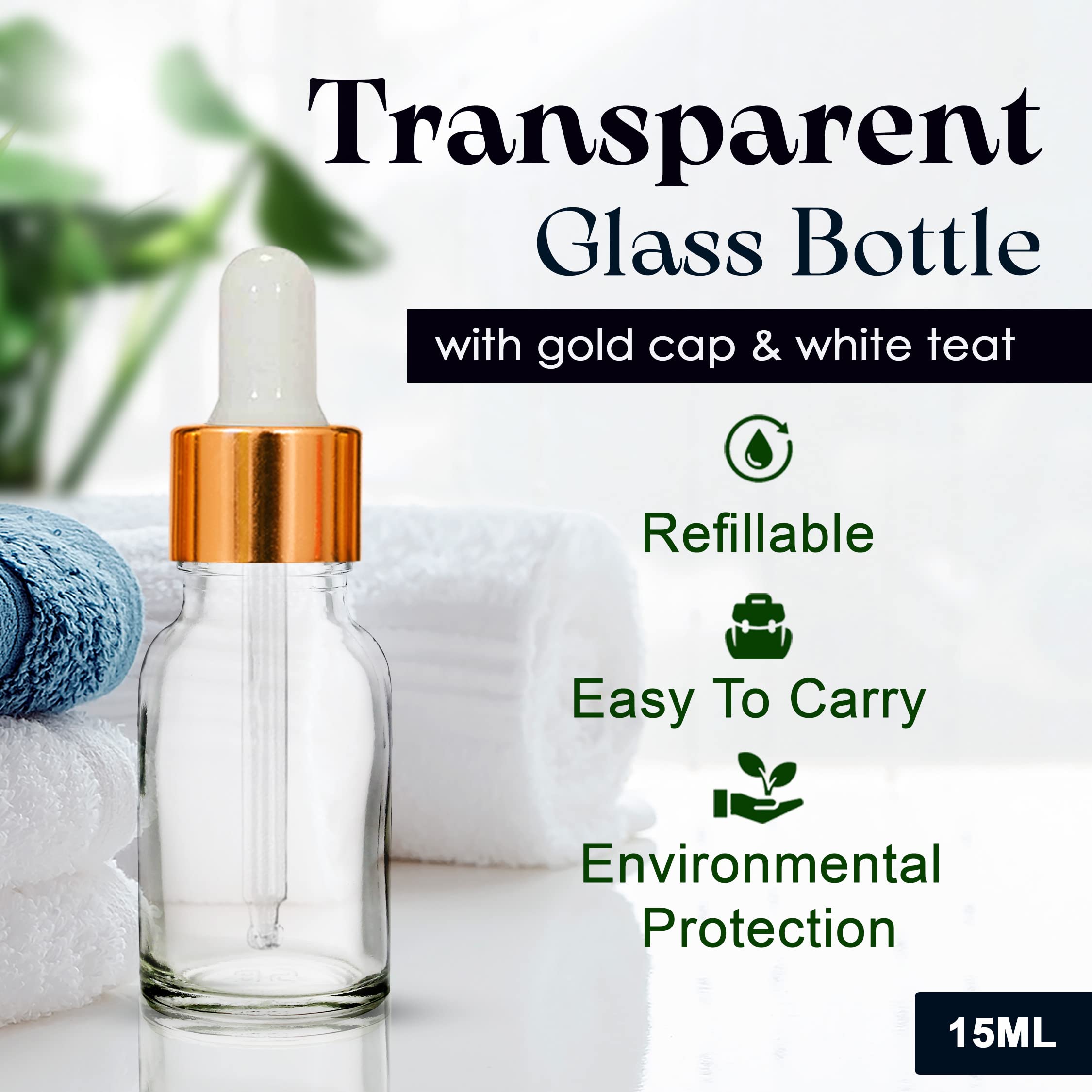 NSB Herbals 15ml Clear Round Empty Glass Bottle with Glass Dropper, Golden Ring & White Silicone Teat - Refillable for Essential Oils, Perfumes, DIY Beauty (Pack of 3) | Perfect for Aromatherapy, Travel & Home Use