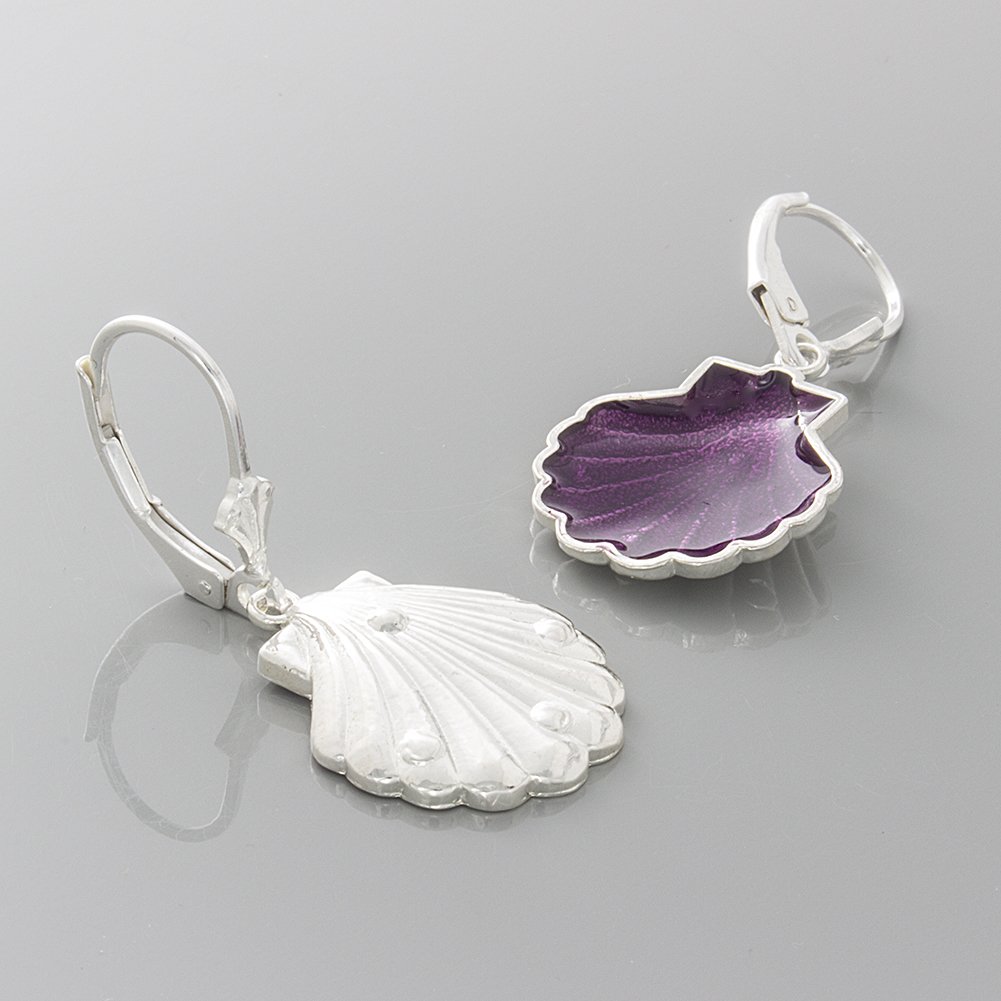 925 Sterling Silver Mini Scallop Shell Dangle Earrings with Purple Enamel - Elegant Leverback Design for Women | Perfect for Beach Vacations, Summer Parties & Boho Fashion
