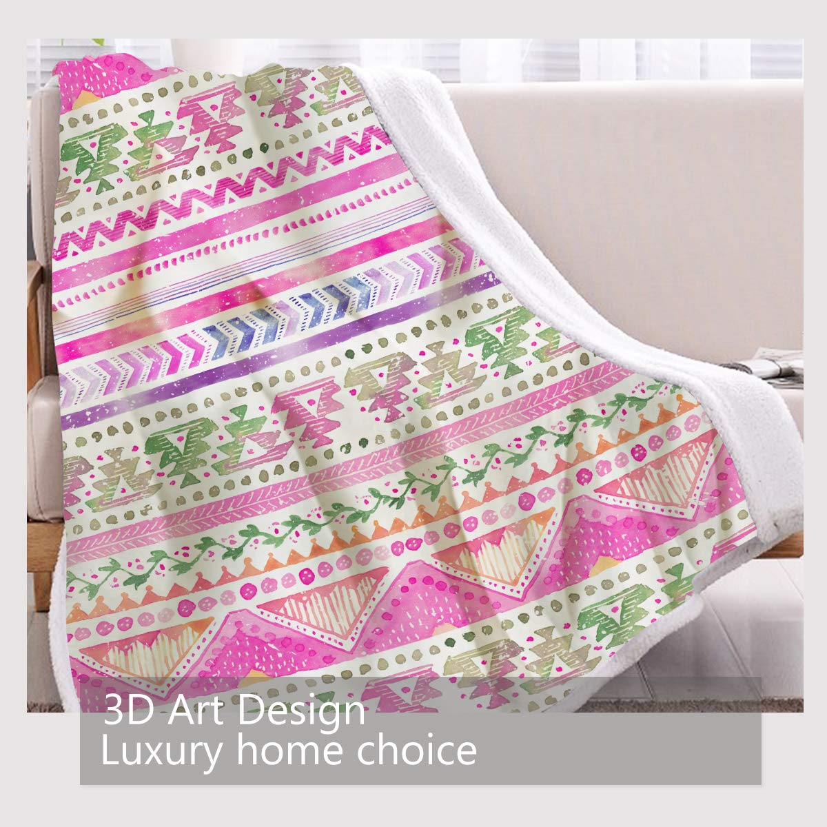 BlessLiving Boho Stripe Sherpa Throw Blanket - Soft Pink White Green Aztec Tribal Geometric Design - 50