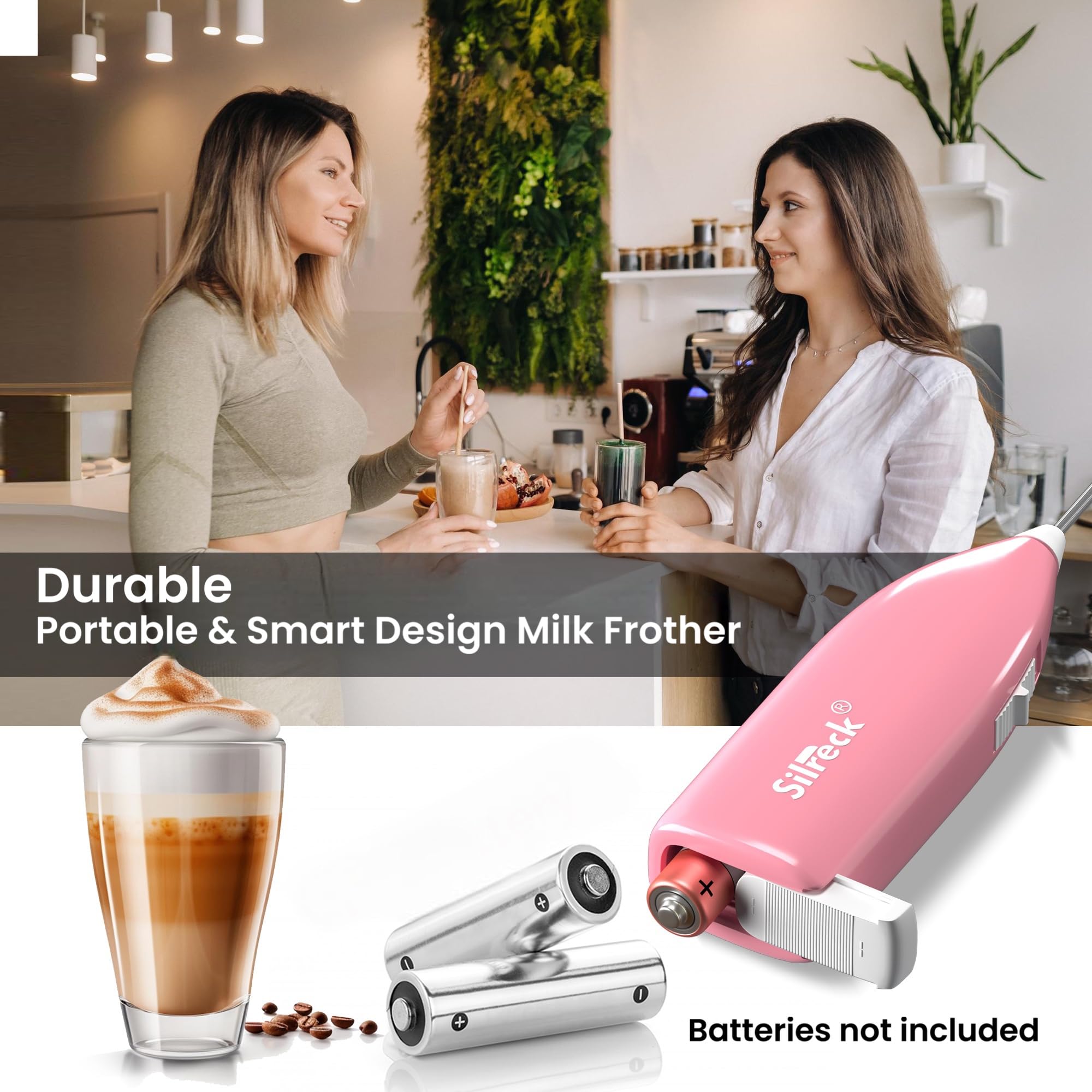 Electric Milk Frother Handheld - Automatic Milk Foam Maker for Coffee, Cappuccino, Latte & Hot Chocolate | Battery-Powered Whisk for Frothing Milk, Mixing Eggs & Making Milkshakes | Perfect for Home, Office & Cafe Use (Pink)