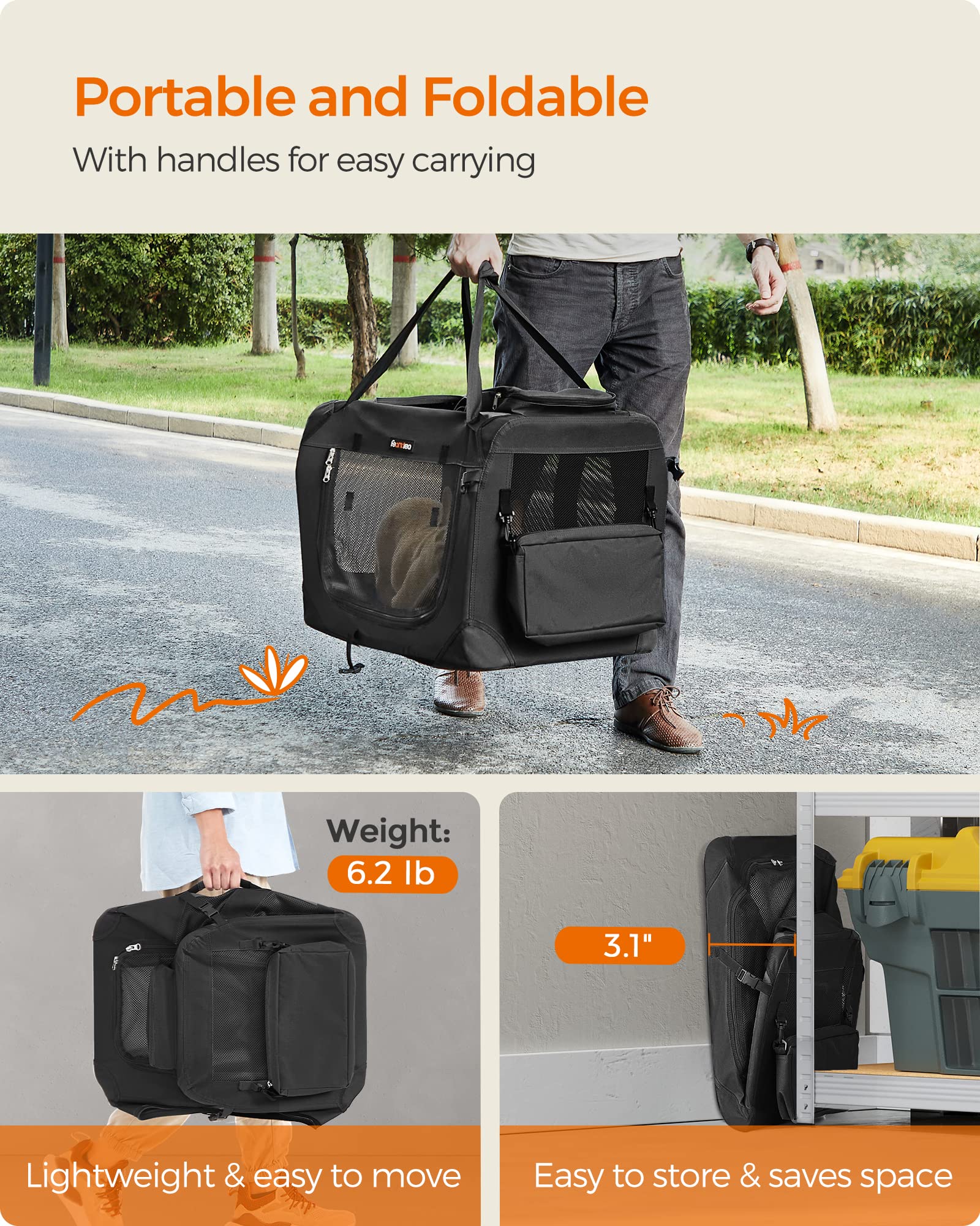 Feandrea 24 Inch Foldable Soft Dog Crate - Portable Pet Carrier for Small to Medium Dogs | Indoor & Outdoor Use with Safety Zippers | Perfect for Travel, Camping, Car Rides & Home Living Room (Black, UPDC60H)