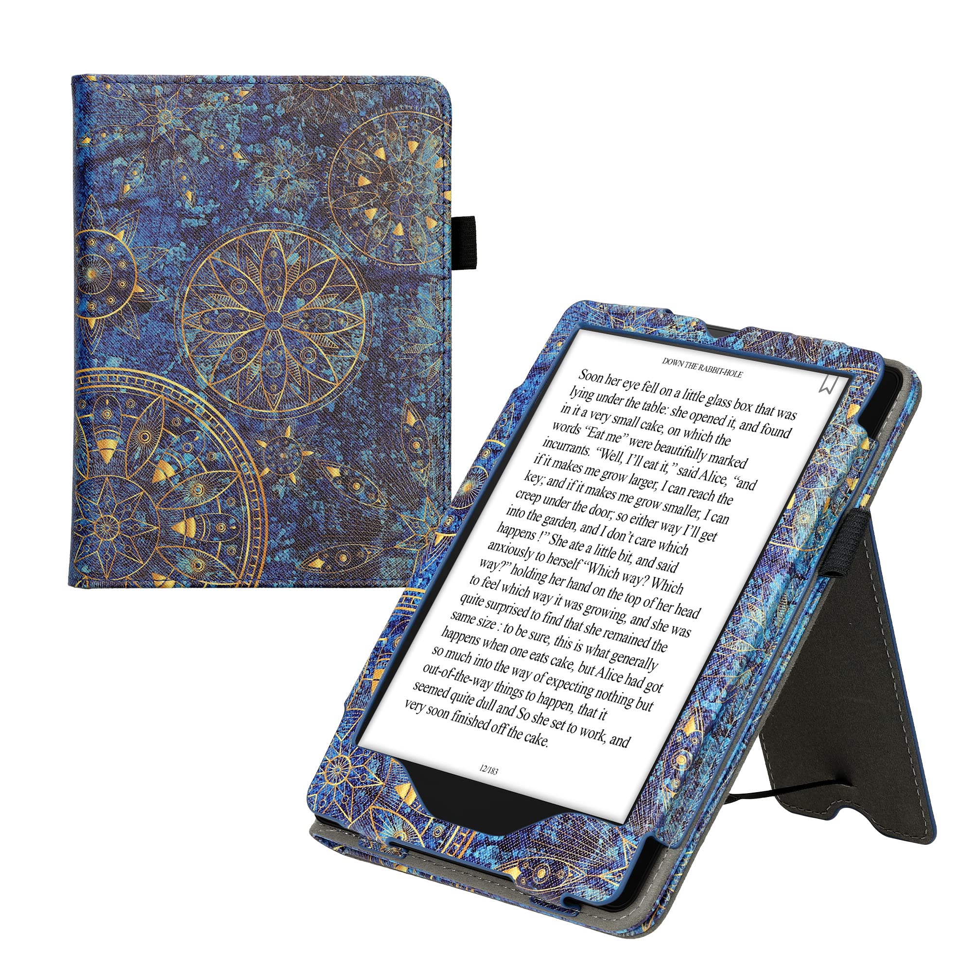 kwmobile Stand Case for Amazon Kindle Paperwhite 11th Gen (2021) - Protective Cover with Hand Strap, Golden Mandala Design in Yellow/Dark Blue - Perfect for Reading, Traveling, and Commuting
