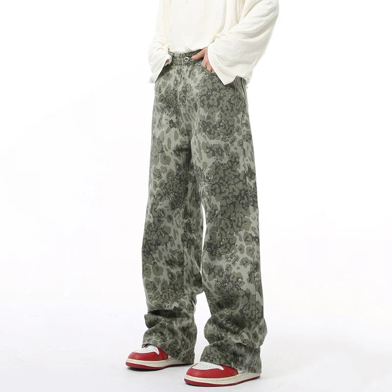 American Style Men's Jeans | Leopard Print Hip Hop Wide Leg Denim Pants for Men | Straight Cut Casual Trousers | Fall Fashion | Perfect for Streetwear, Hip Hop Outfits & Everyday Wear