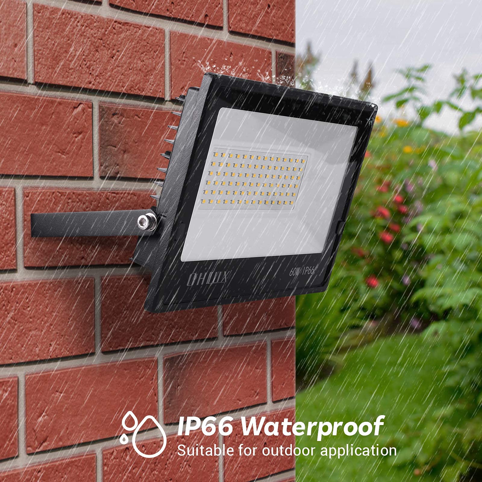 OHLUX 6000LM LED Flood Lights Outdoor, 60W Super Bright Security Lights - IP66 Waterproof, Black (4 Pack) - Perfect for Garden, Patio, Playground & Basketball Court Lighting