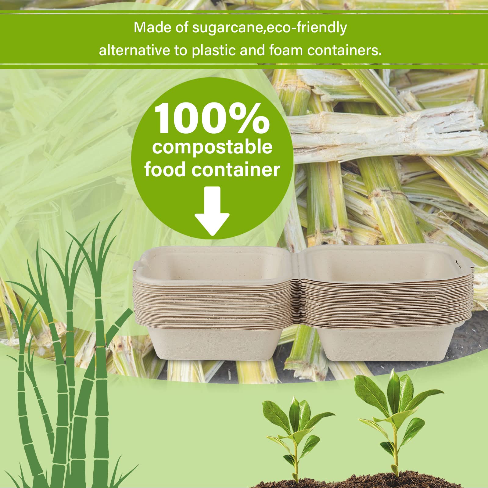 Eco-Friendly Compostable 6x6 Take Out Food Containers - 100 Pack Biodegradable Clamshell To-Go Boxes Made from Sugarcane Fiber | Heavy Duty Disposable Containers for Restaurants, Catering & Food Delivery Services