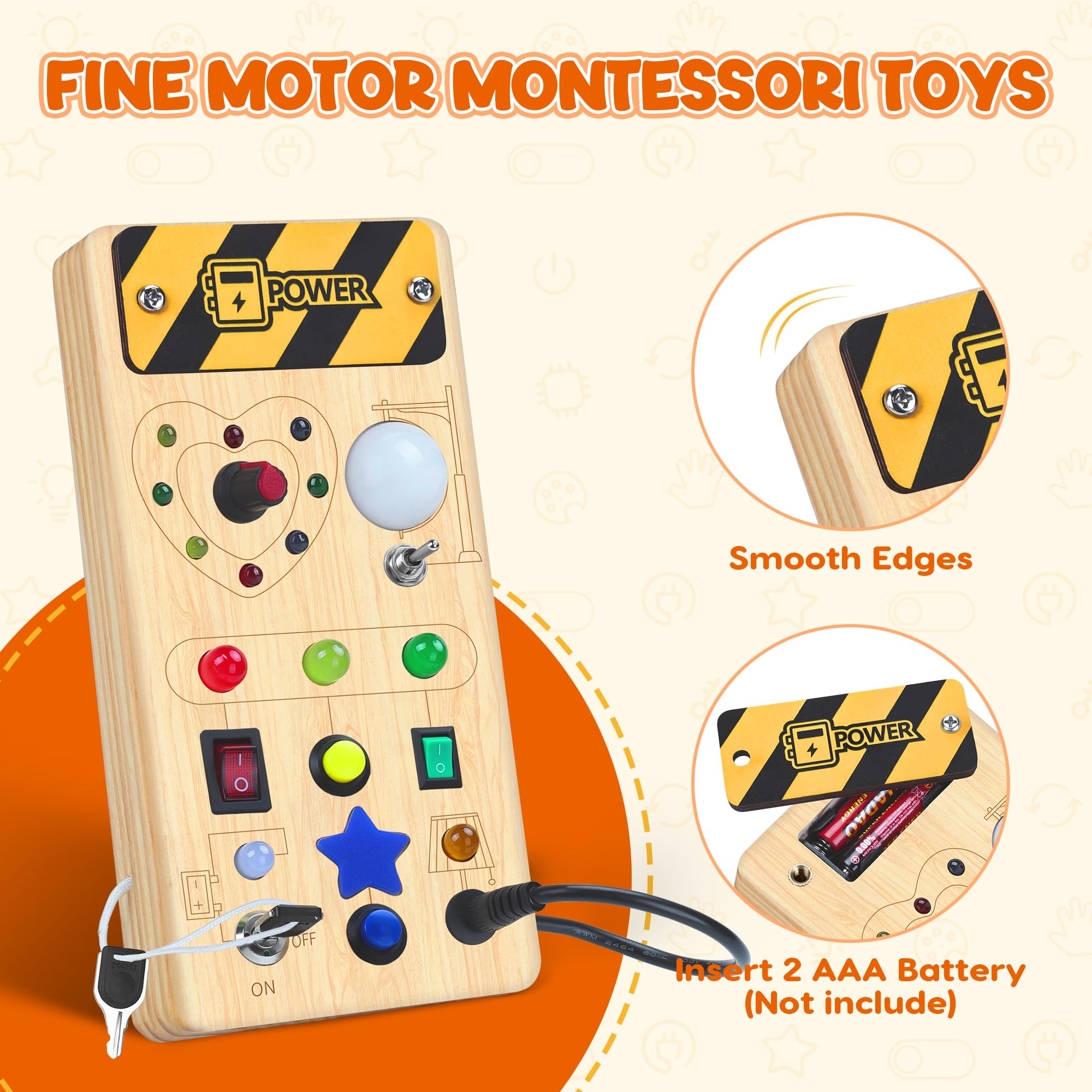 Montessori Wooden Busy Board for Toddlers - 8 Switches & 15 LED Sensory Light Switch Toy, Educational Travel Activity Board for 1+ Year Old Boys & Girls, Perfect for Home, Car, and Classroom Learning