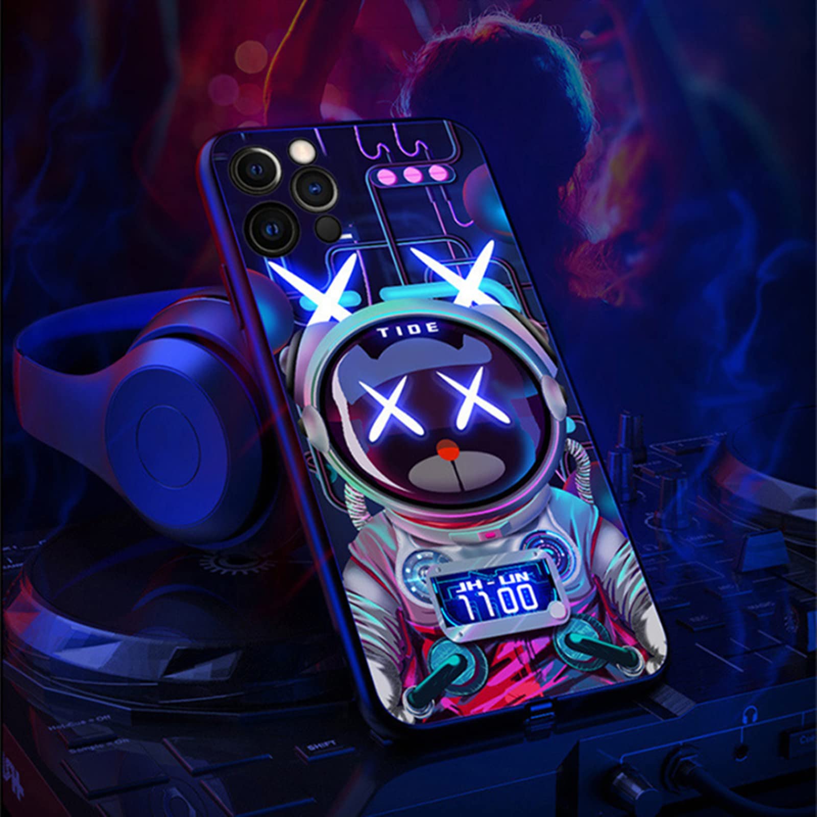 **LED Glowing Shockproof Case for iPhone 13 - Colorful Luminous Tempered Glass Cover with Protective Lens & Voice Control | Bear Design | Perfect for Night Out, Parties, and Personalized Style**