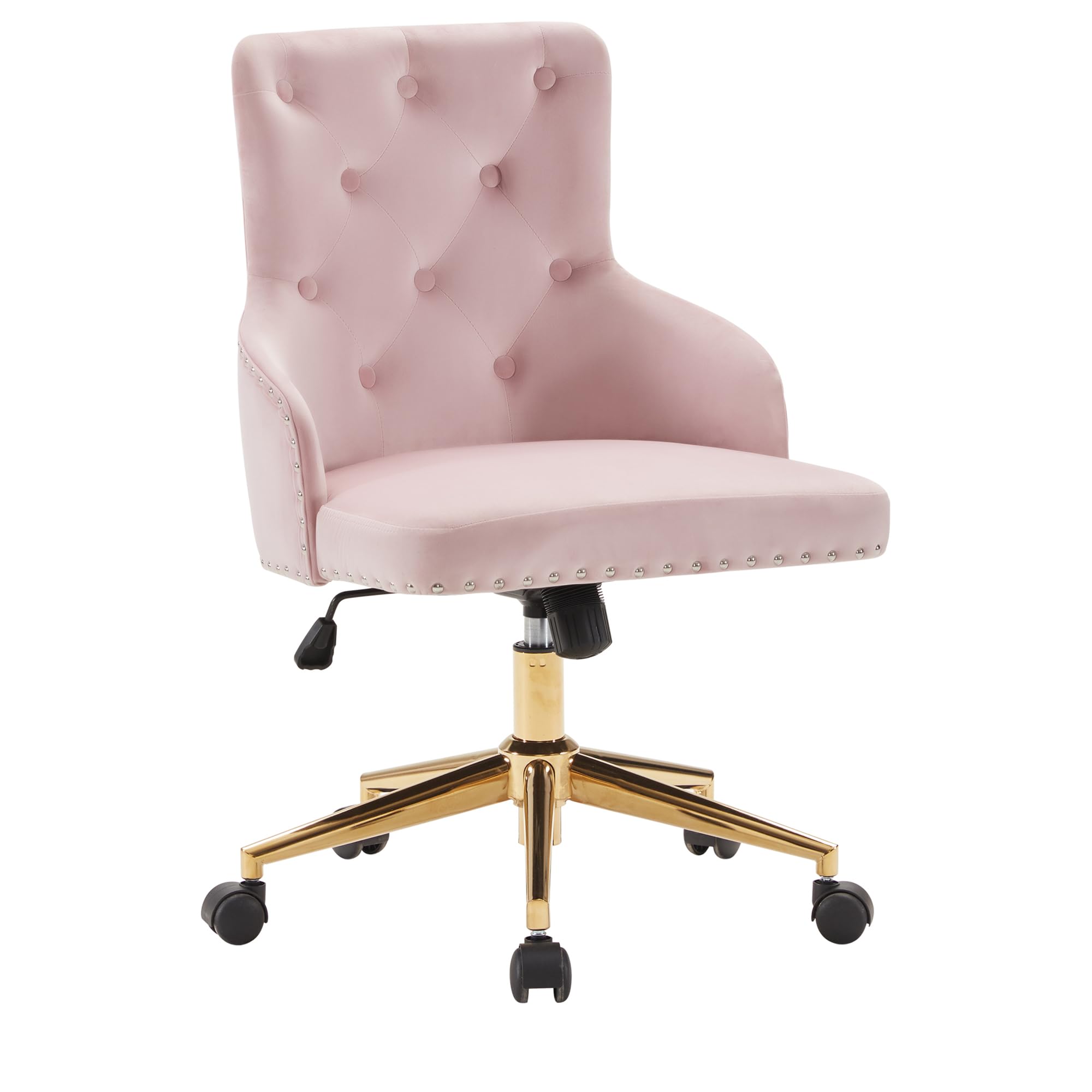 BELLEZE Modern Velvet Desk Chair - Adjustable Height Swivel Office Chair with Wheels & Tufted Upholstered Seat for Home Office, Bedroom Vanity or Gaming Setup - Pink (Belden Collection)