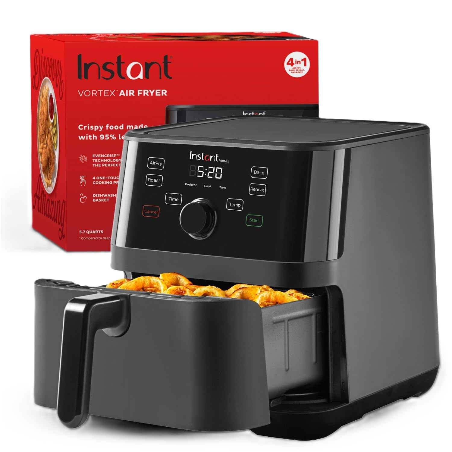 Instant Pot Vortex 5.7QT Air Fryer with 4-in-1 Functions - EvenCrisp Technology for Crisping, Roasting, Baking & Reheating | Custom Program Options & 100+ In-App Recipes | Perfect for Healthy Cooking, Quick Meals & Family Dinners | Black