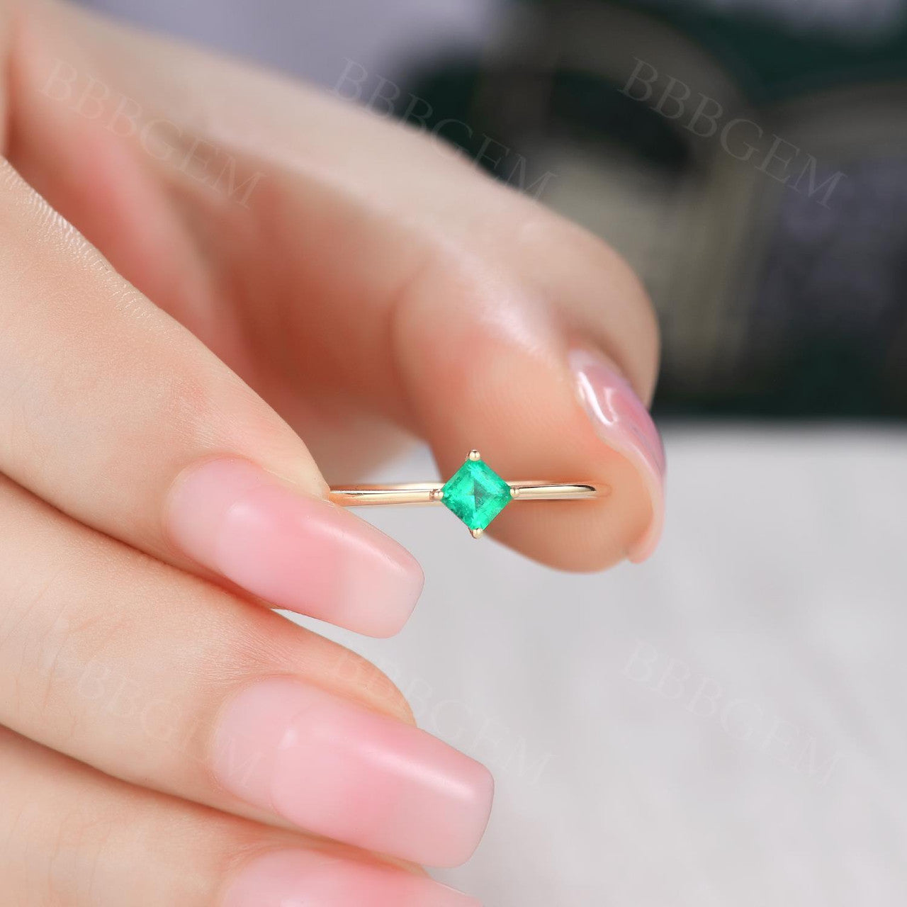 3.5mm Square Princess Cut Natural Emerald Dainty Ring - 18K Yellow Gold Solitaire Thin Band (0.28ct) - Perfect for Engagement, Anniversary & Everyday Elegant Jewelry