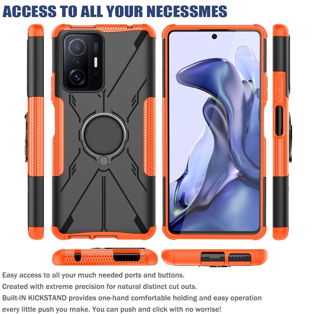 Shockproof Phone Case for Xiaomi Mi 11T 5G/Mi 11T Pro 5G (21081111RG) with Tempered Glass Screen Protector & Metal Ring Holder Kickstand - Durable Protective Cover (Orange) - Perfect for Daily Use, Travel, and Outdoor Activities