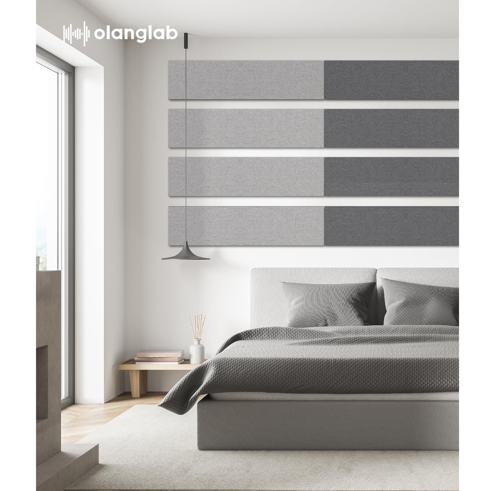 Olanglab 2 Pack Fabric Acoustic Panels 48x12x1 Inch - Sound Absorbing Noise Reducing Wall Panels for Home Studio, Office & Theater - Light Gray Soundproofing Dampening Deadening Foam Panels