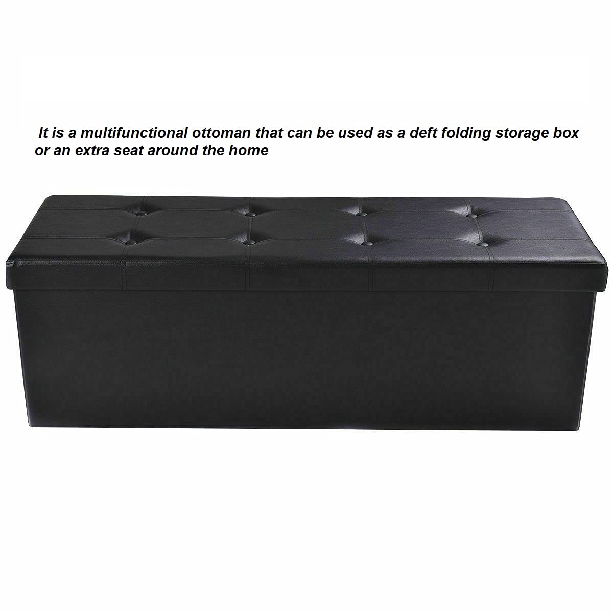 Black Faux Leather Storage Ottoman with Lid - Foldable Footrest Stool for Living Room, Bedroom - Perfect for Storing Blankets, Toys, Books & Home Accessories - Multipurpose Furniture for Extra Seating & Organization