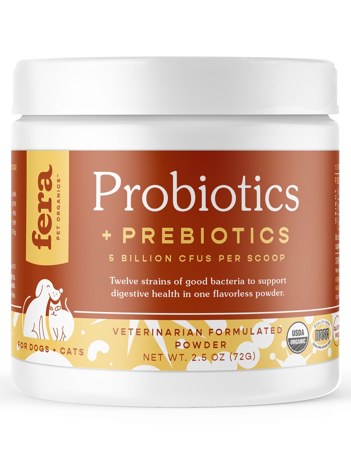 Fera Pet Organics Organic Probiotics with Prebiotics Supplement for Dogs & Cats - Digestive Health Support, 60 Servings Powder - Perfect for Sensitive Stomachs, Diarrhea Relief & Gut Balance