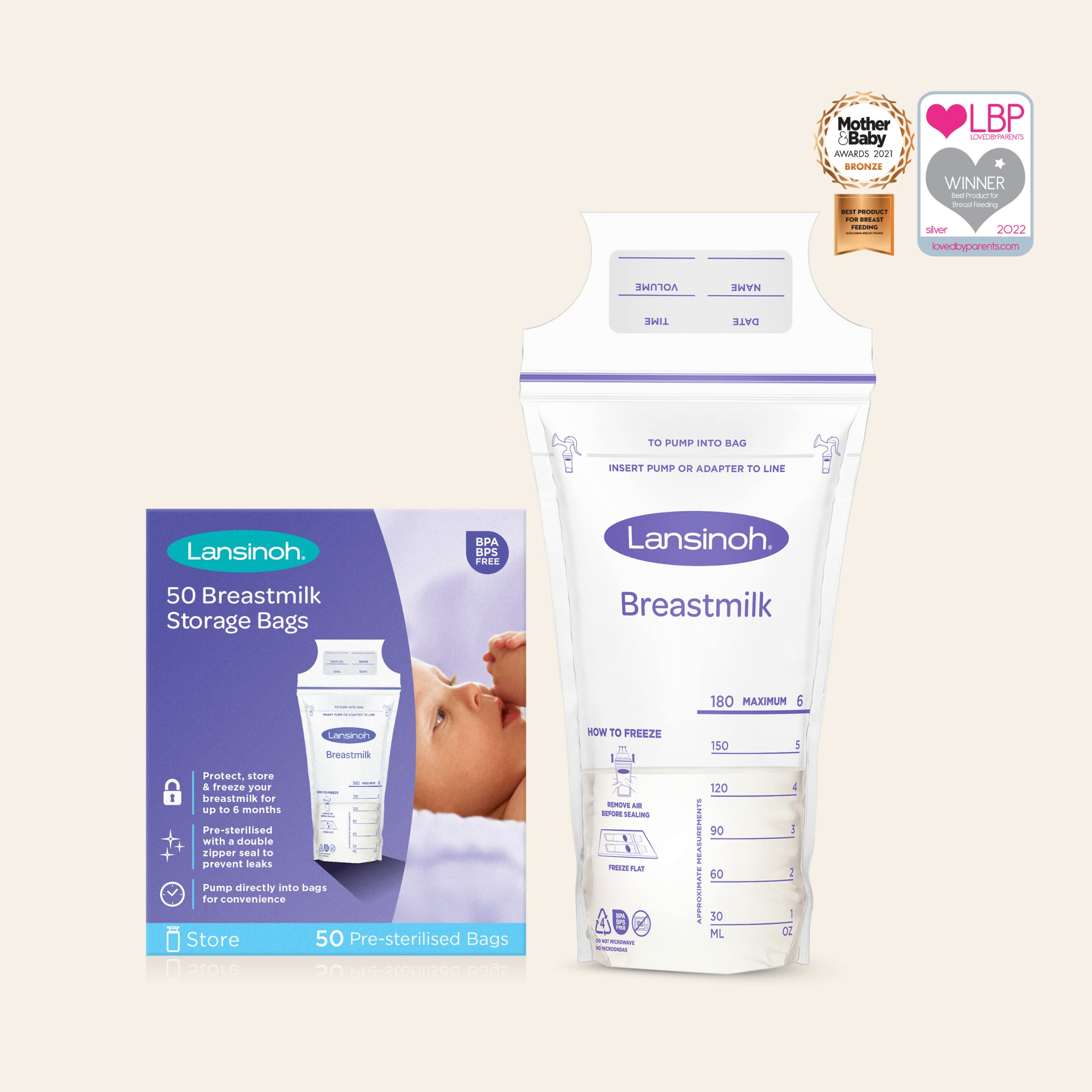 Lansinoh Breast Milk Storage Bags - 50 Count | BPA-Free, Pre-Sterilized, Leak-Proof | Perfect for Pumping, Freezing & Organizing Breast Milk