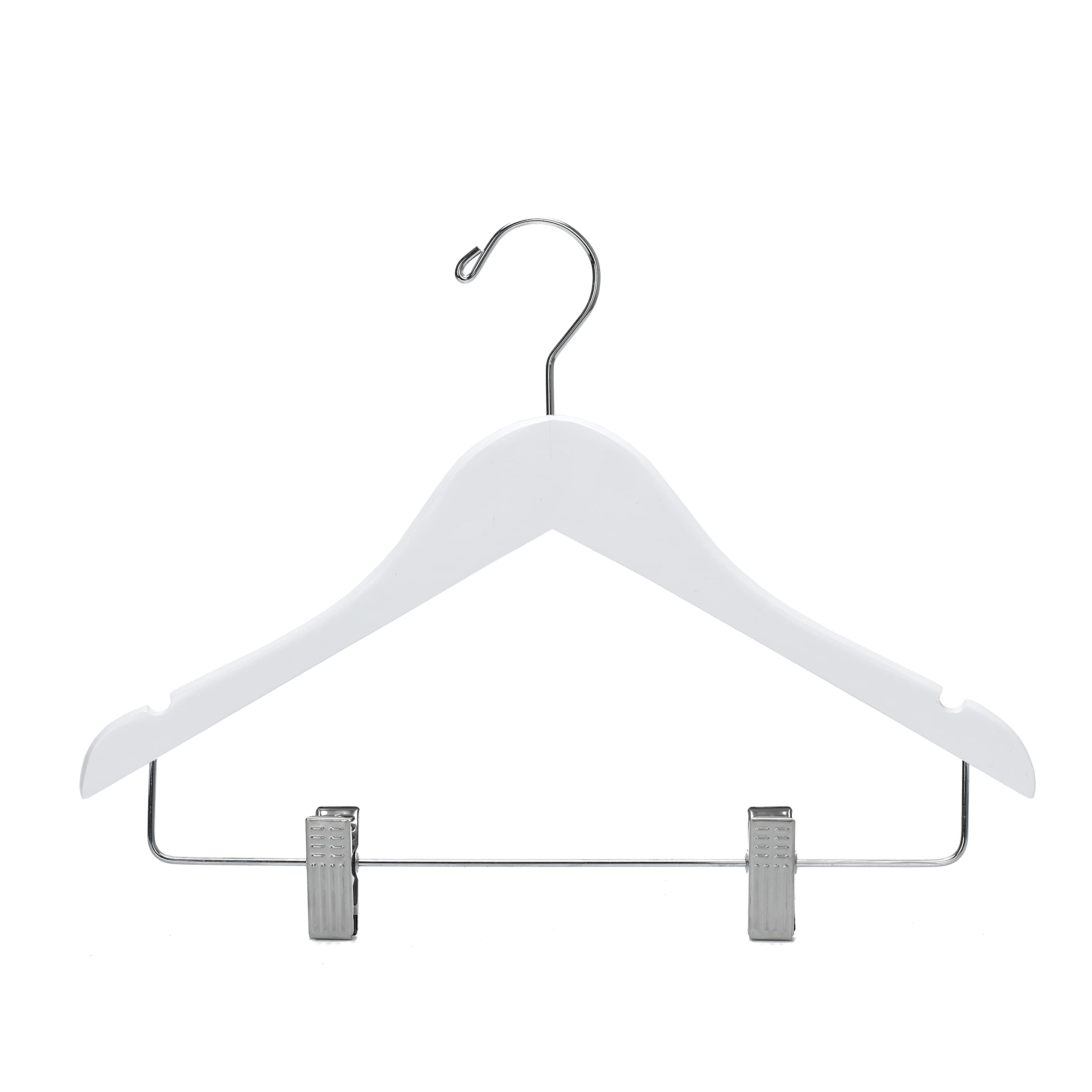 20 Pack Kids Skirt Hangers 14 Inches - Premium Wooden Clothes Hanger with Curved Shoulder, Swivel Chrome Hook & Adjustable Metallic Clips for Junior/Preteen/Youth | Non-Slip Notches, White | Perfect for Closet Organization, School Uniforms & Delicate Garments