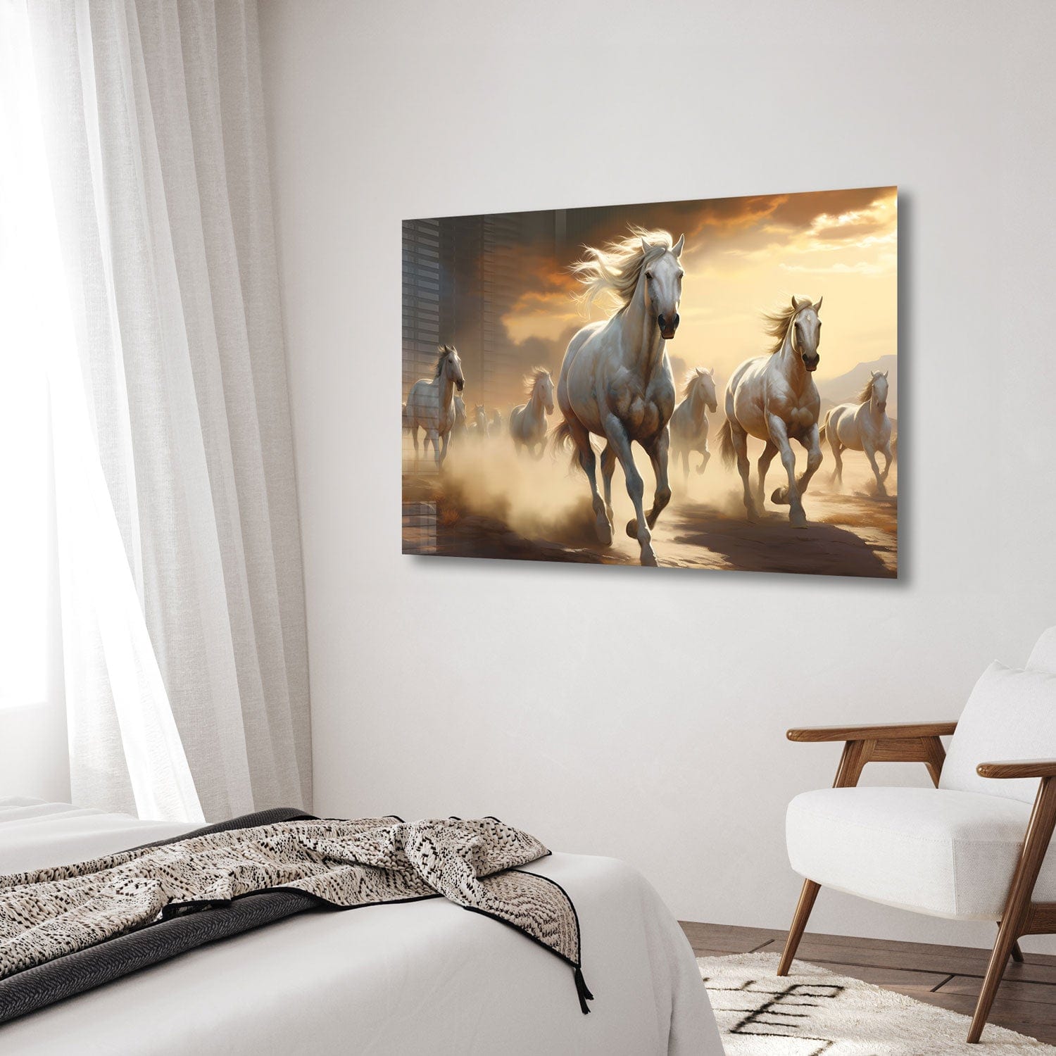 White Horses Tempered Glass Wall Art - Elegant Home Decor for Living Room, Bedroom & Office - Shatterproof & Stylish