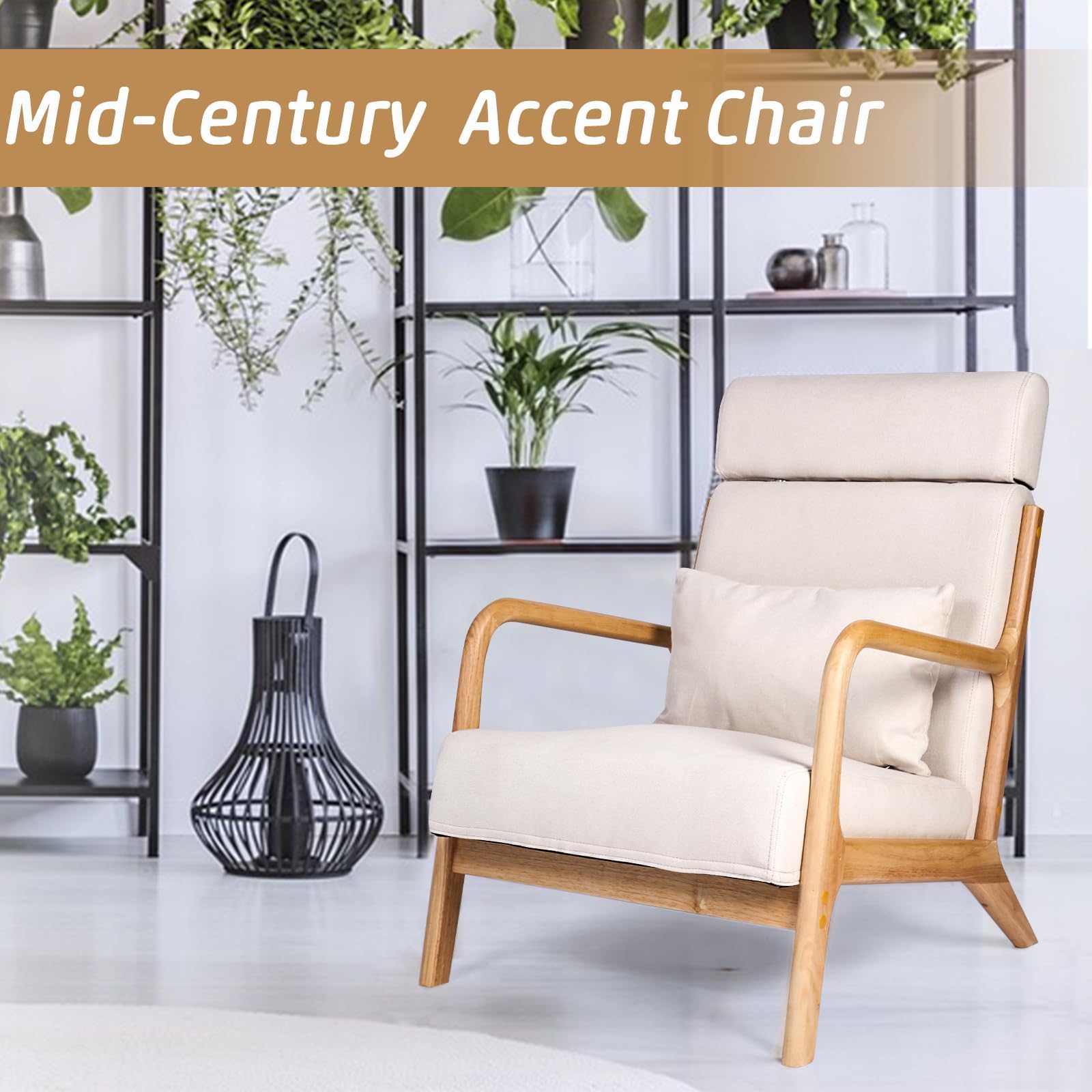 Mid Century Modern Accent Chair with Extendable Headrest - Wood Frame Fabric Armchair, Linen Upholstered Lounge Chair for Living Room, Reading Nook, or Bedroom (Beige) - Perfect for Relaxing, Reading & Adding Stylish Comfort to Your Home