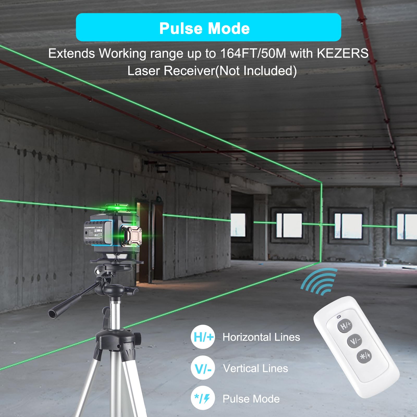 KEZERS 360° Self-Leveling Green Laser Level with Screen - 4 x 360° Laser Lines, Pulse Mode & Remote Control for Construction, Picture Hanging & DIY Projects - Perfect for Home Renovation, Tile Installation & Wall Alignment