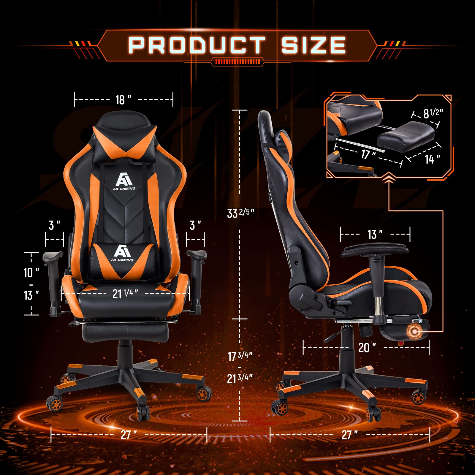 Ergonomic High Back Gaming Chair - Adjustable Racing Office Chair with Footrest & Lumbar Support - Swivel Computer Desk Chair for PC Gaming, Streaming & Home Office - Orange