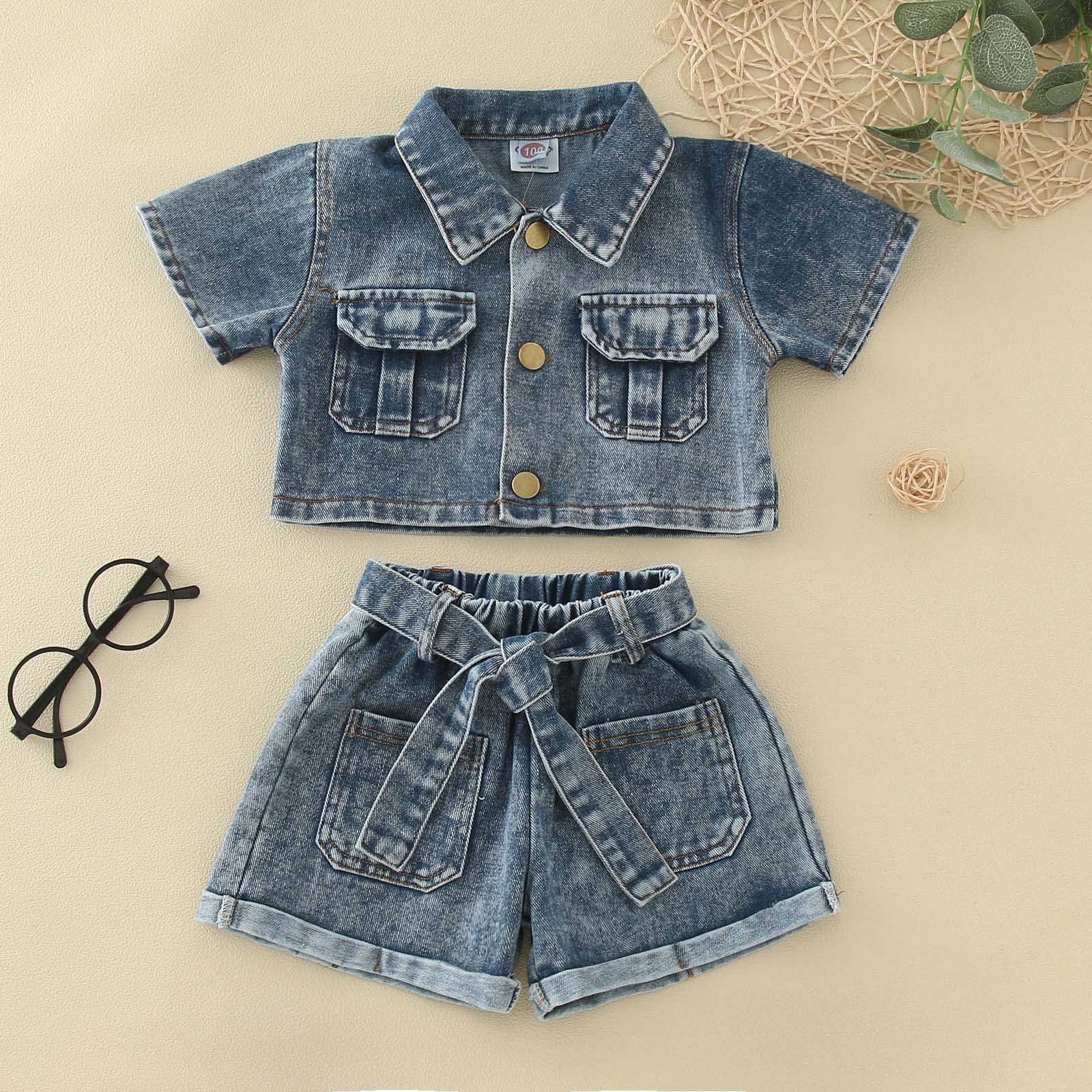 **Toddler Girls Denim Outfit Set - 3-Piece Summer Short Sleeve Top & Shorts with Belt | 2T Size | Casual Playwear & Outdoor Adventures**