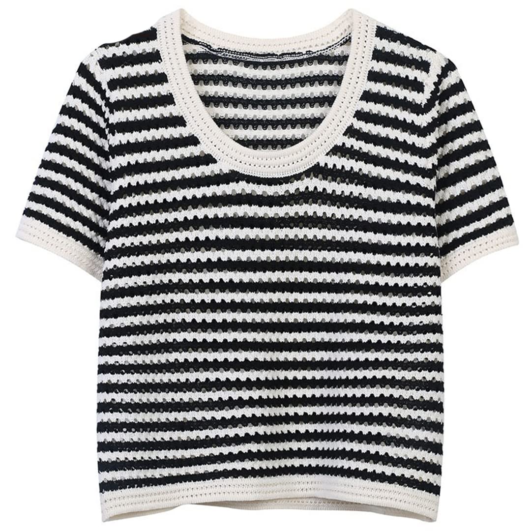 2022 Korean Vintage Elegant O-Neck Striped Short Sleeve Knit Top for Women - Black Pullover for Summer Casual Wear, Office Outfits & Date Nights