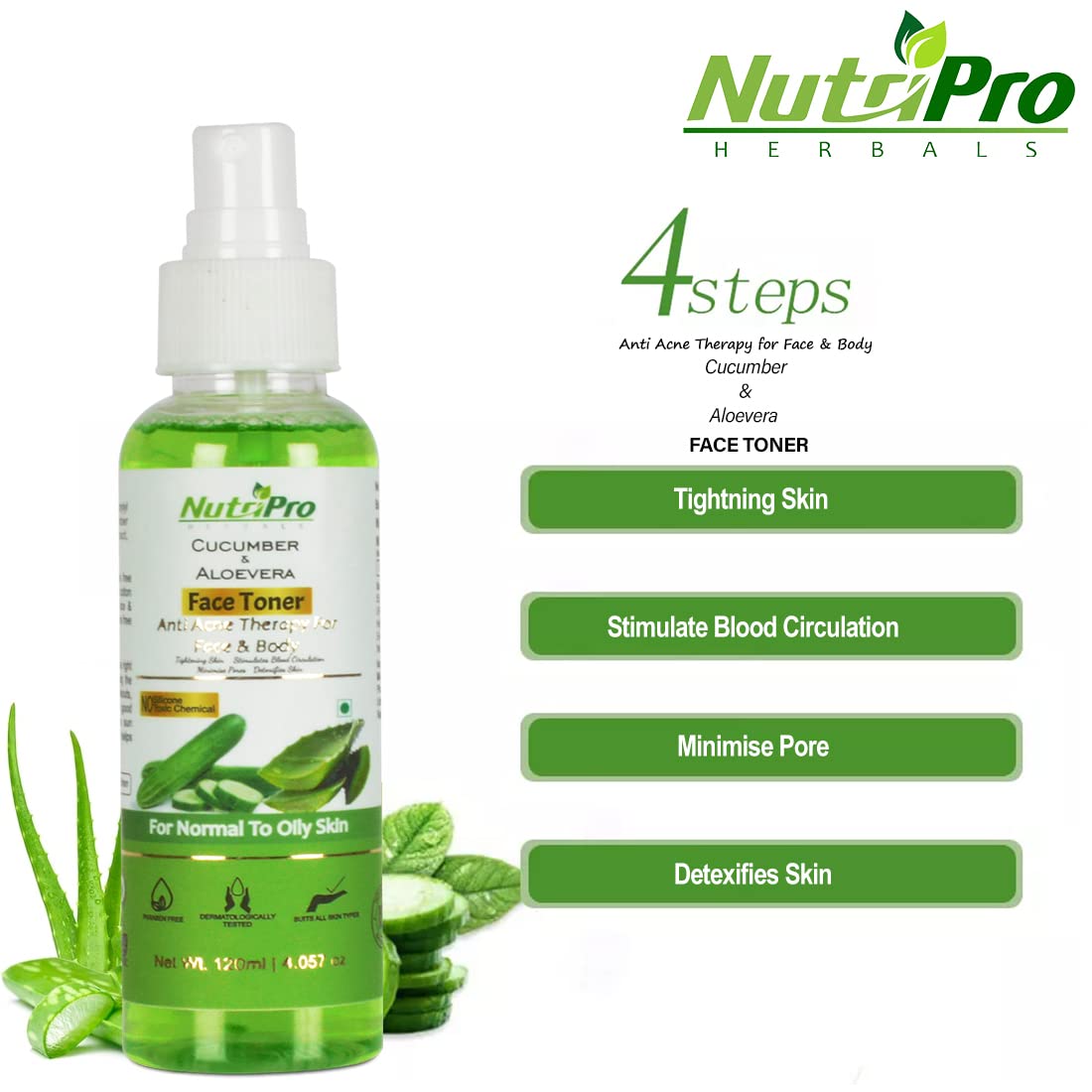 NutriPro Cucumber & Aloe Vera Face Toner for Acne Prone Skin - Sulfate Free, Paraben Free, Alcohol Free 120ml - Hydrating & Soothing Toner for Normal to Oily Skin - Perfect for Daily Skincare Routine & Post-Workout Refresh