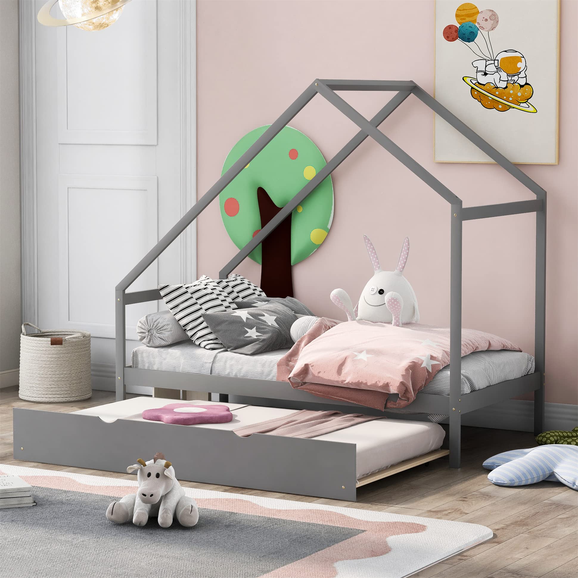 **Kids Twin House Bed with Trundle - Wooden Bed Frame for Toddlers, Children & Teens - No Box Spring Needed (Grey) - Perfect for Bedrooms, Playrooms & Sleepovers**