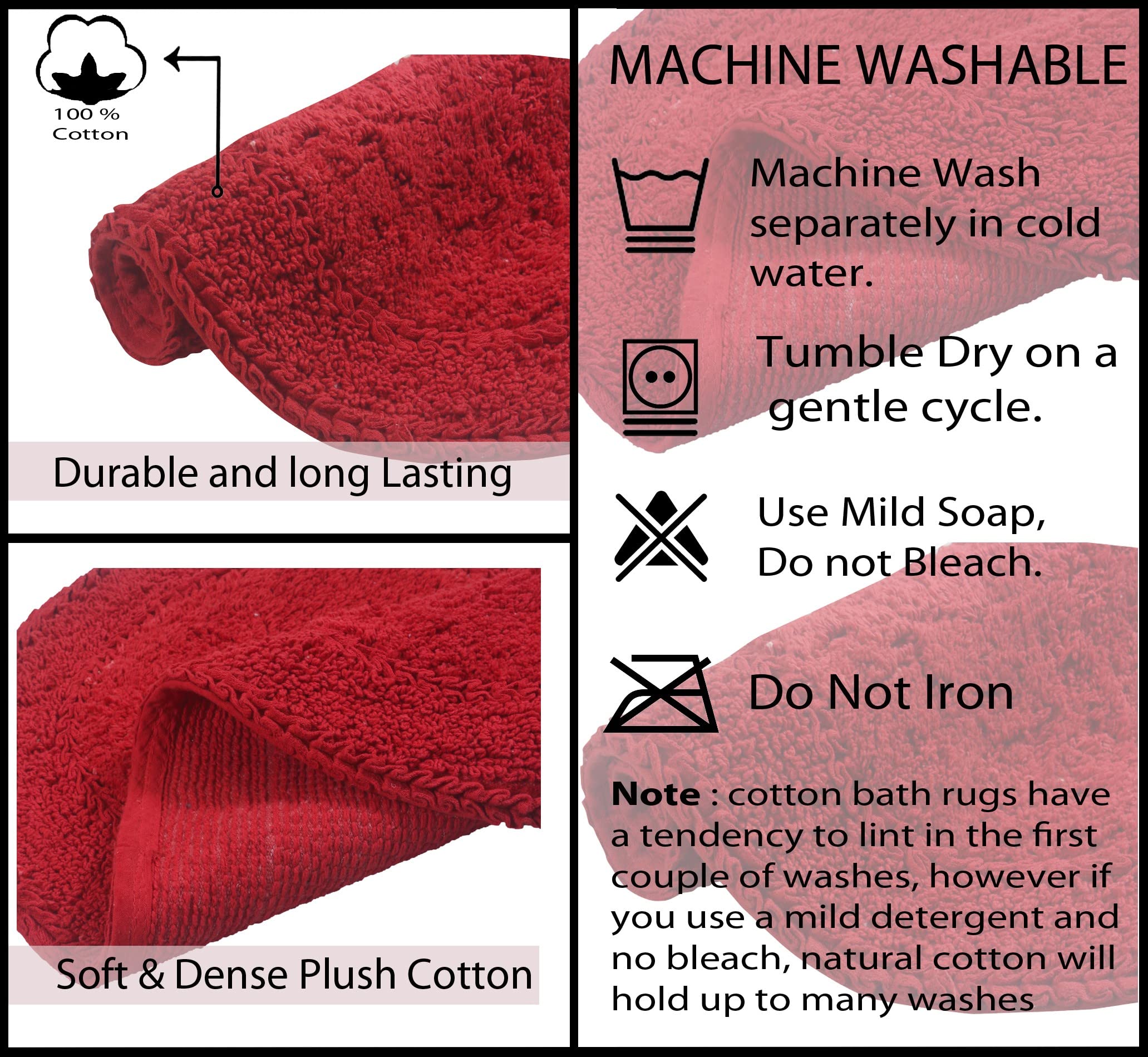 Home Weavers Double Ruffle 100% Cotton Bathroom Rugs Set - Ultra Soft, Absorbent & Washable Non-Slip Bath Mat for Bathroom, Kitchen & Laundry Room - 3 Piece Contour Set (Red) - Perfect for Cozy Home Decor and Wet Areas