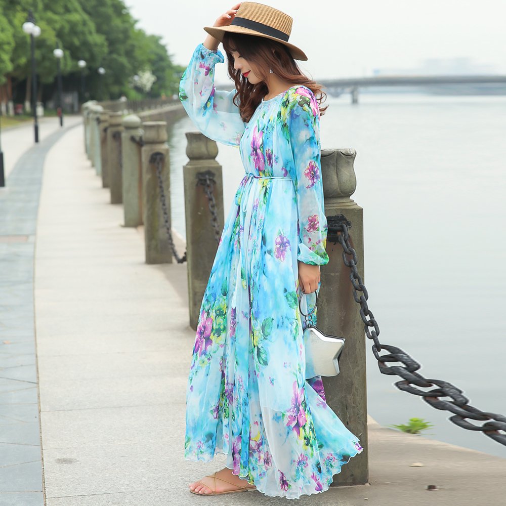 MedeShe Women's Floral Print Chiffon Maxi Dress - Elegant Beach Wedding Bridesmaid Sundress for Summer Vacation & Party Wear