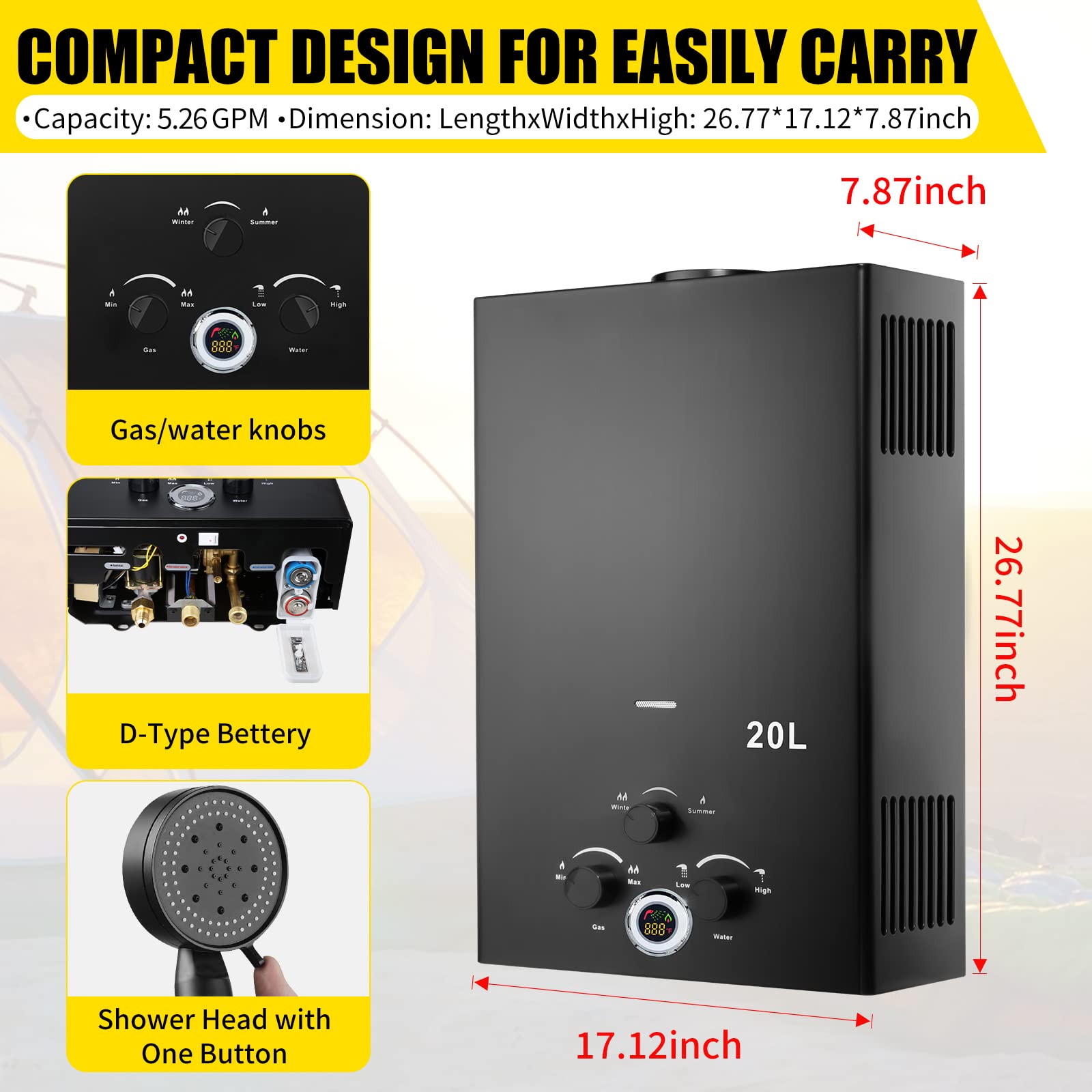 5.26GPM 20L Outdoor Portable Tankless Propane Water Heater with Digital Display - Instant Hot Water for Camping, RV, Boat Cabins & Off-Grid Living - Multi-Protection System for Safe Use