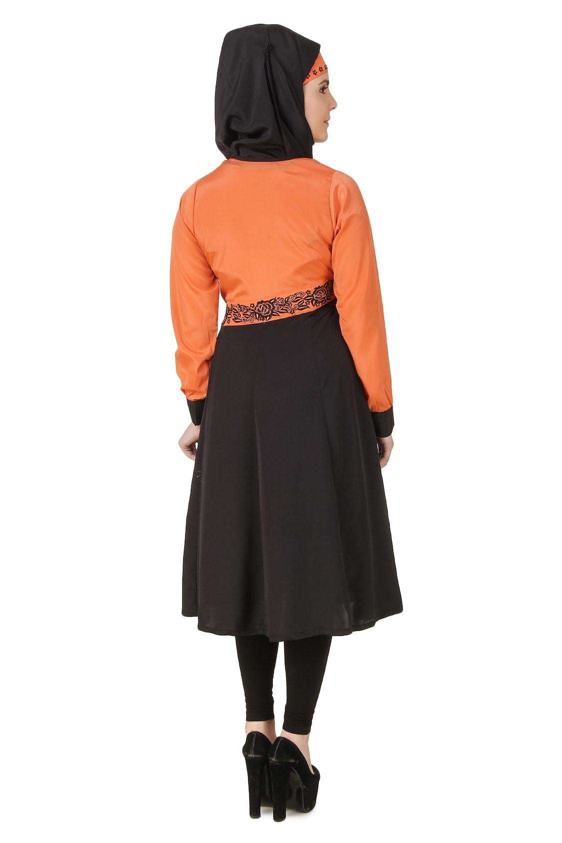 Barika Black & Orange Crepe Short Abaya - Modest Islamic Dress for Women | Perfect for Prayer, Eid, and Casual Wear