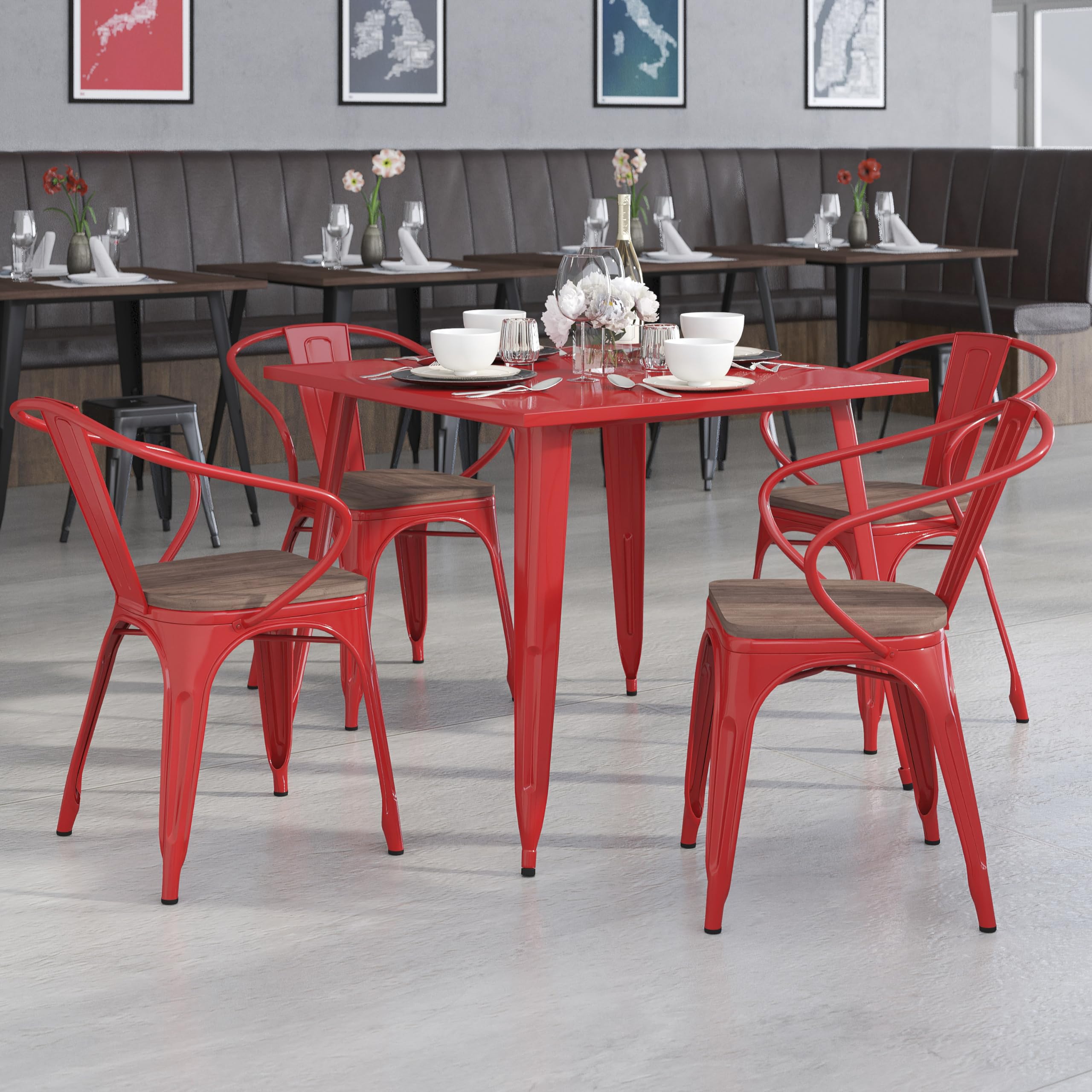 4 Pack Red Metal Chairs with Wooden Seats & Arms - Durable Restaurant & Cafe Furniture for Indoor & Outdoor Dining, Patio, Bistro, and Home Decor