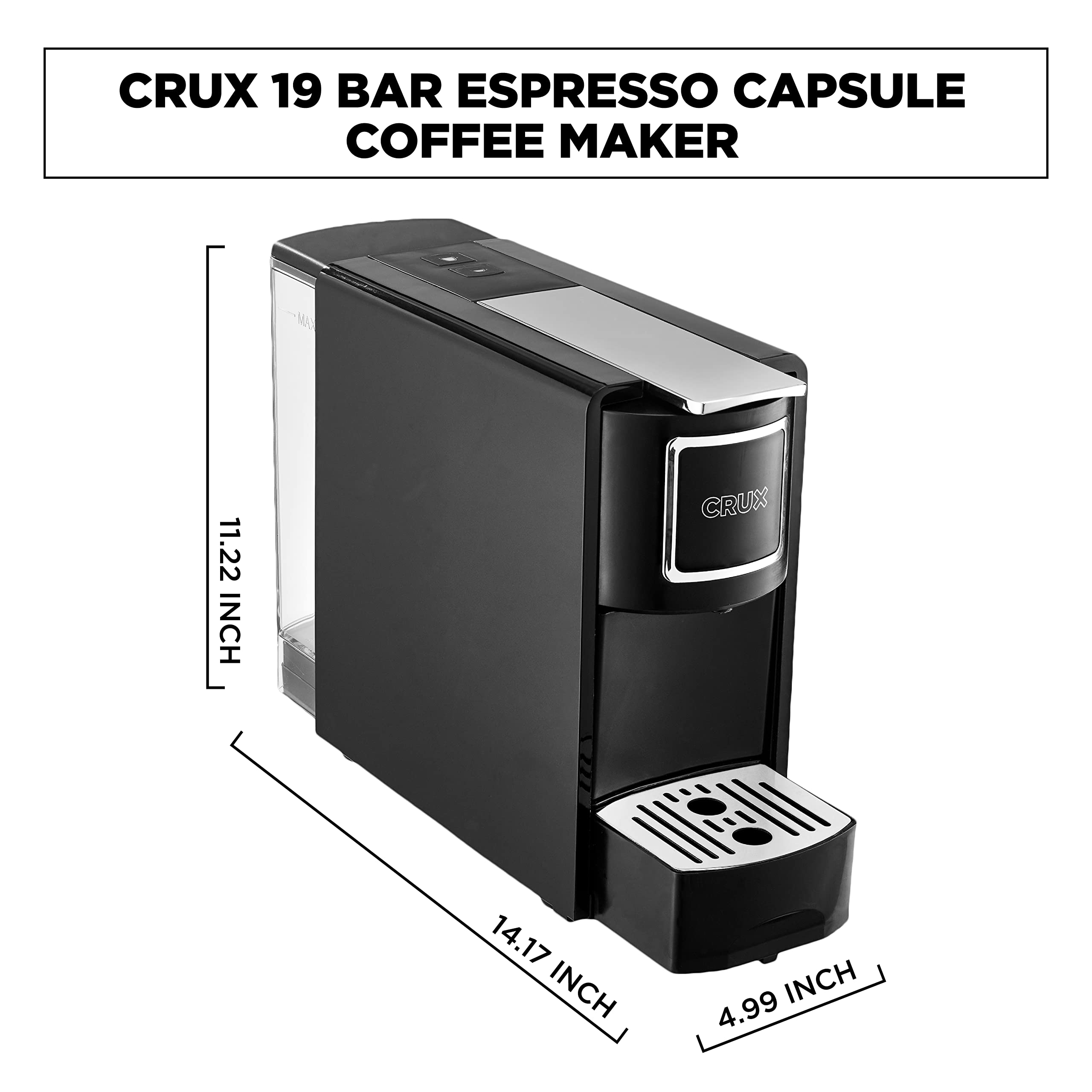 Premium Crux Espresso Machine for Nespresso Pods - Programmable Coffee Maker with Large Removable Water Tank & Drip Tray, Compatible with Original & Third-Party Capsules, Black & Silver - Perfect for Home, Office, and Coffee Shop Use