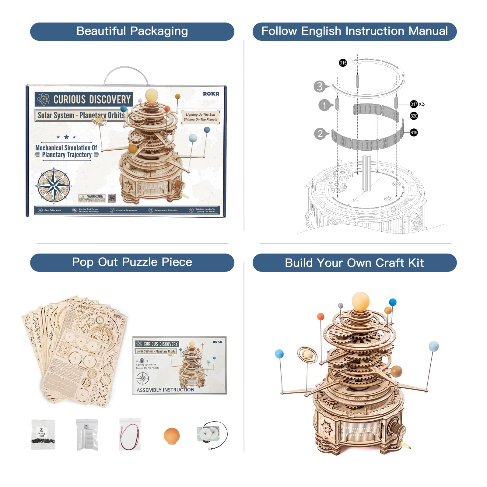 ROKR 3D Wooden Puzzle for Adults - Solar System Orrery Model Kit with 8 Moving Planets, STEM Educational Building Toy, Unique Birthday Gift for Men Women Teens | Home Office Decor & Astronomy Learning Tool