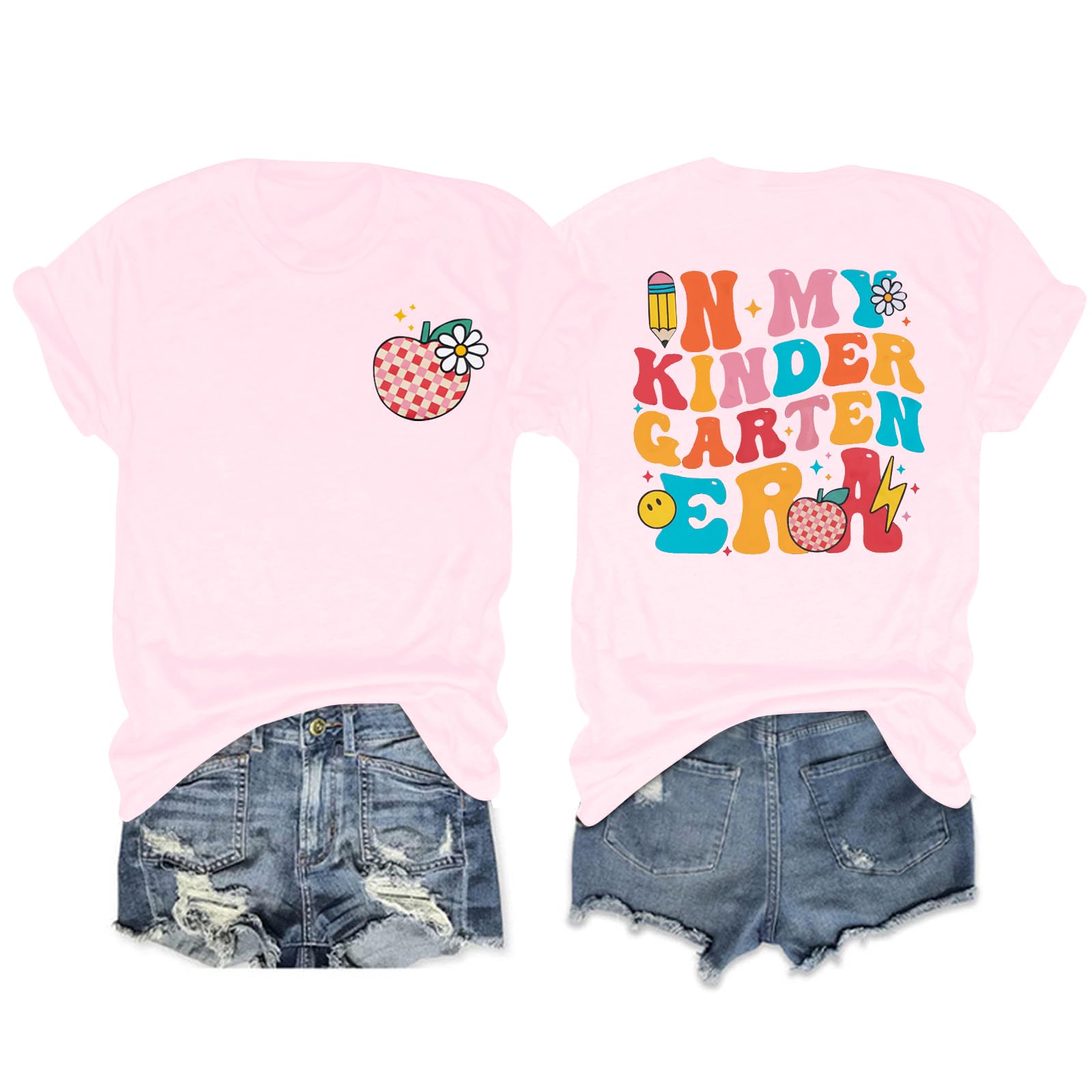 UNIQUEONE Women's Teacher T-Shirt - In My Kindergarten Era Graphic Tee, Oversized Short Sleeve Top for Kindergarten Teachers | Perfect for Classroom, Teacher Appreciation Week & Casual Wear