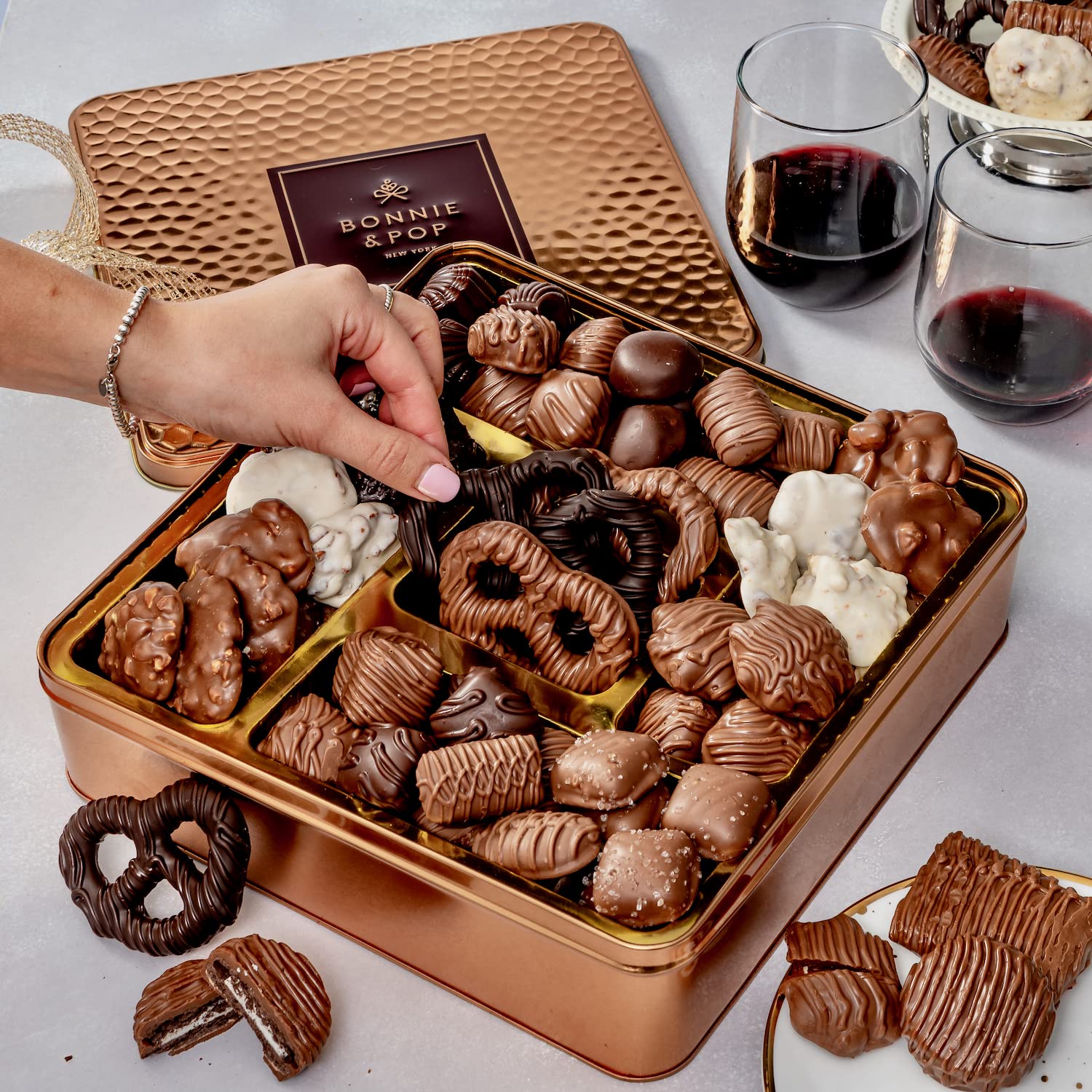 Bonnie & Pop Gourmet Chocolate Gift Basket - 2+ lbs Premium Chocolate Snack Box in Keepsake Tin | Valentine's Day, Birthday, Sympathy, Get Well & Party Gifts | Perfect for Holidays, Corporate Events & Family Gatherings