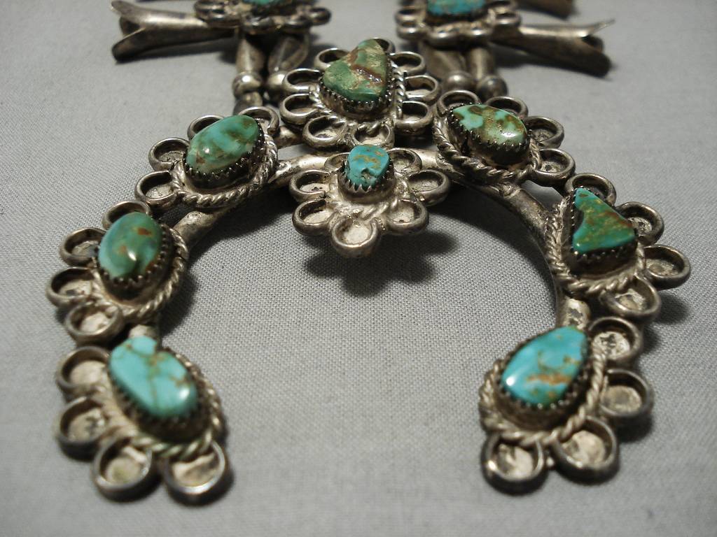 Vintage Navajo Sterling Silver Squash Blossom Necklace with Green Turquoise - Authentic Native American Jewelry for Women, Perfect for Boho Fashion, Weddings & Special Occasions